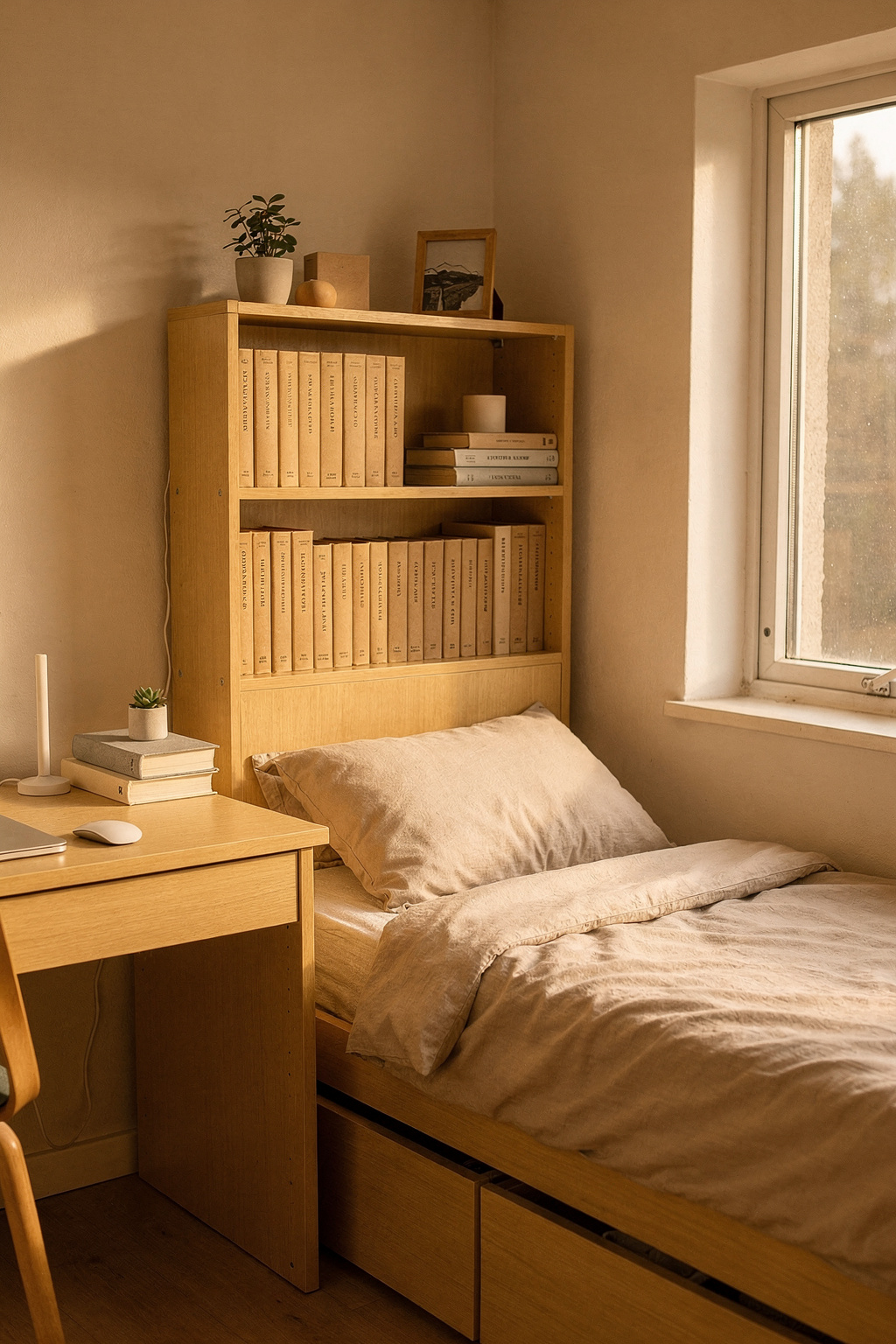Helles Studentenzimmer mit kleinem Schreibtisch, kompaktem Bett und einfachen Möbeln zum günstigen Einrichten.