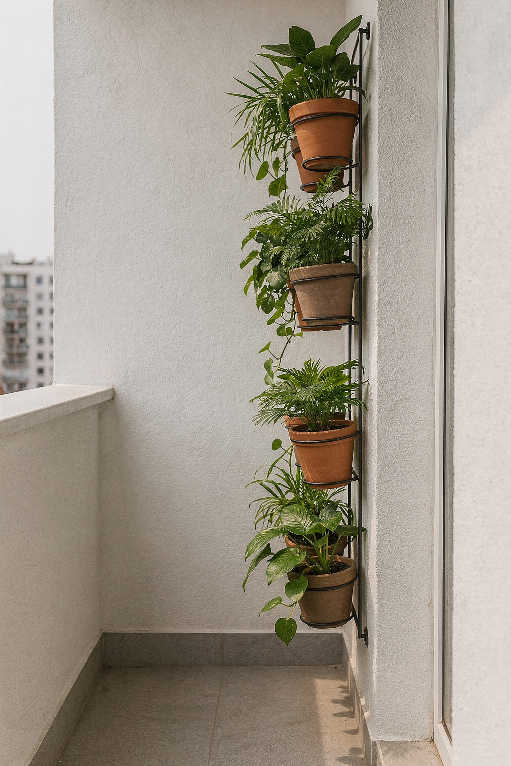 Kleiner Balkon mit vertikalem Pflanzenregal und grünen Topfpflanzen an der Wand.