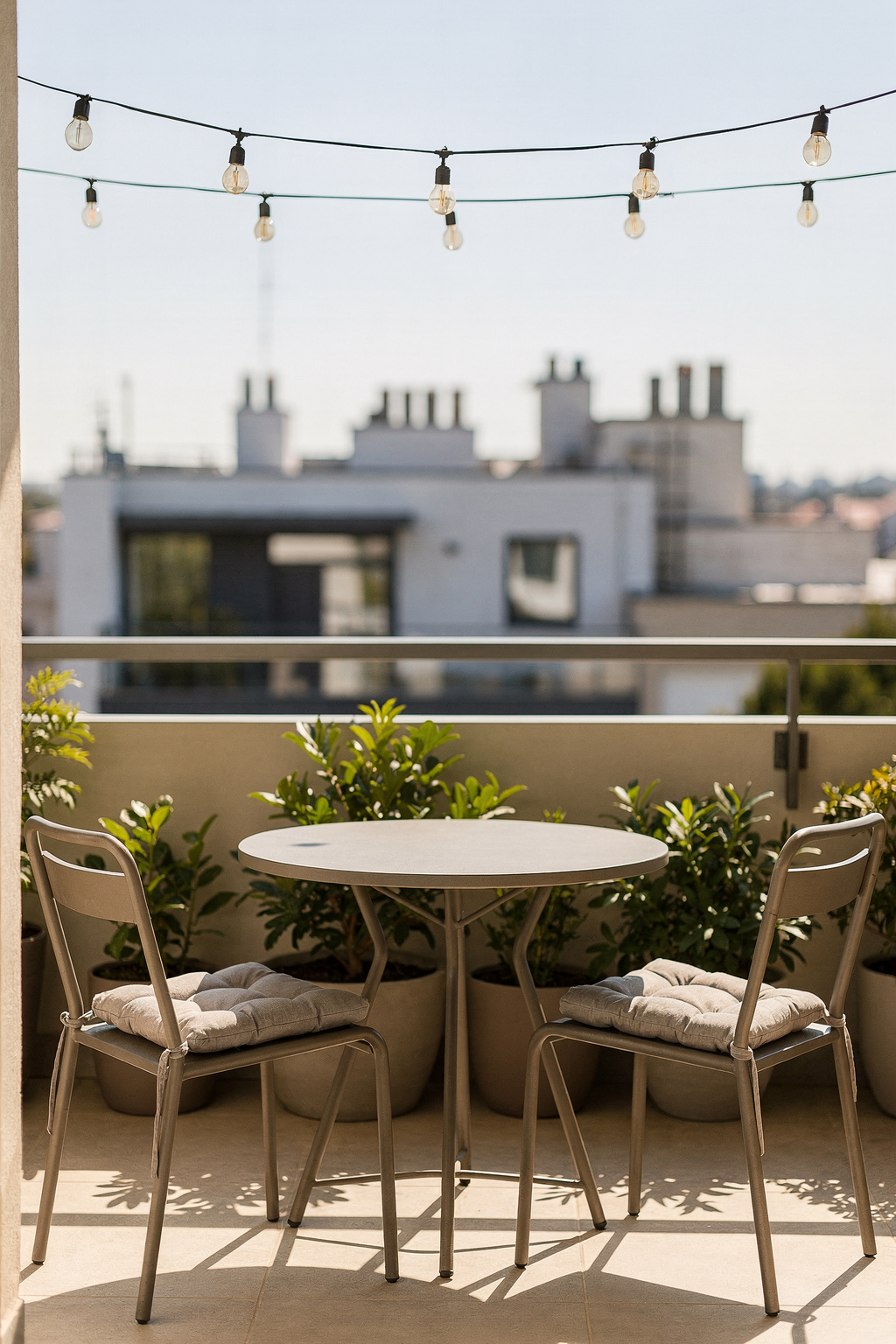 Ein moderner Balkon mit Bistrotisch, zwei Stühlen und Lichterkette über der Sitzecke.