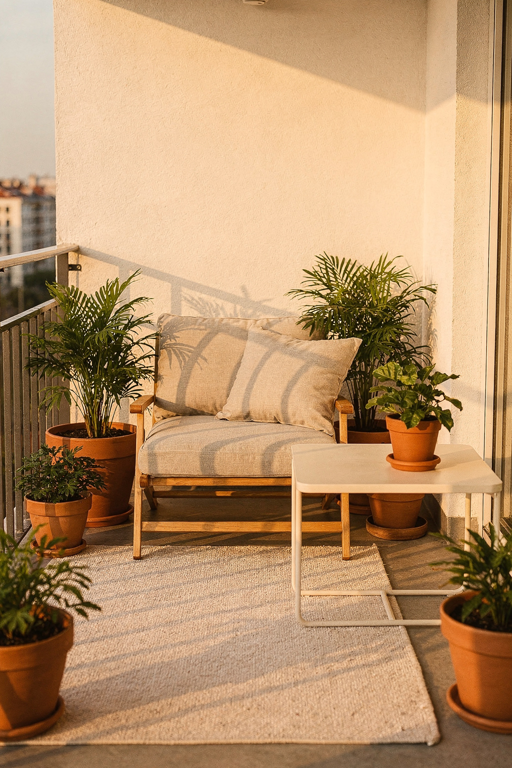 Kleiner Balkon mit kompakter IKEA Sitzgruppe und Topfpflanzen als gemütliche Mini Lounge.