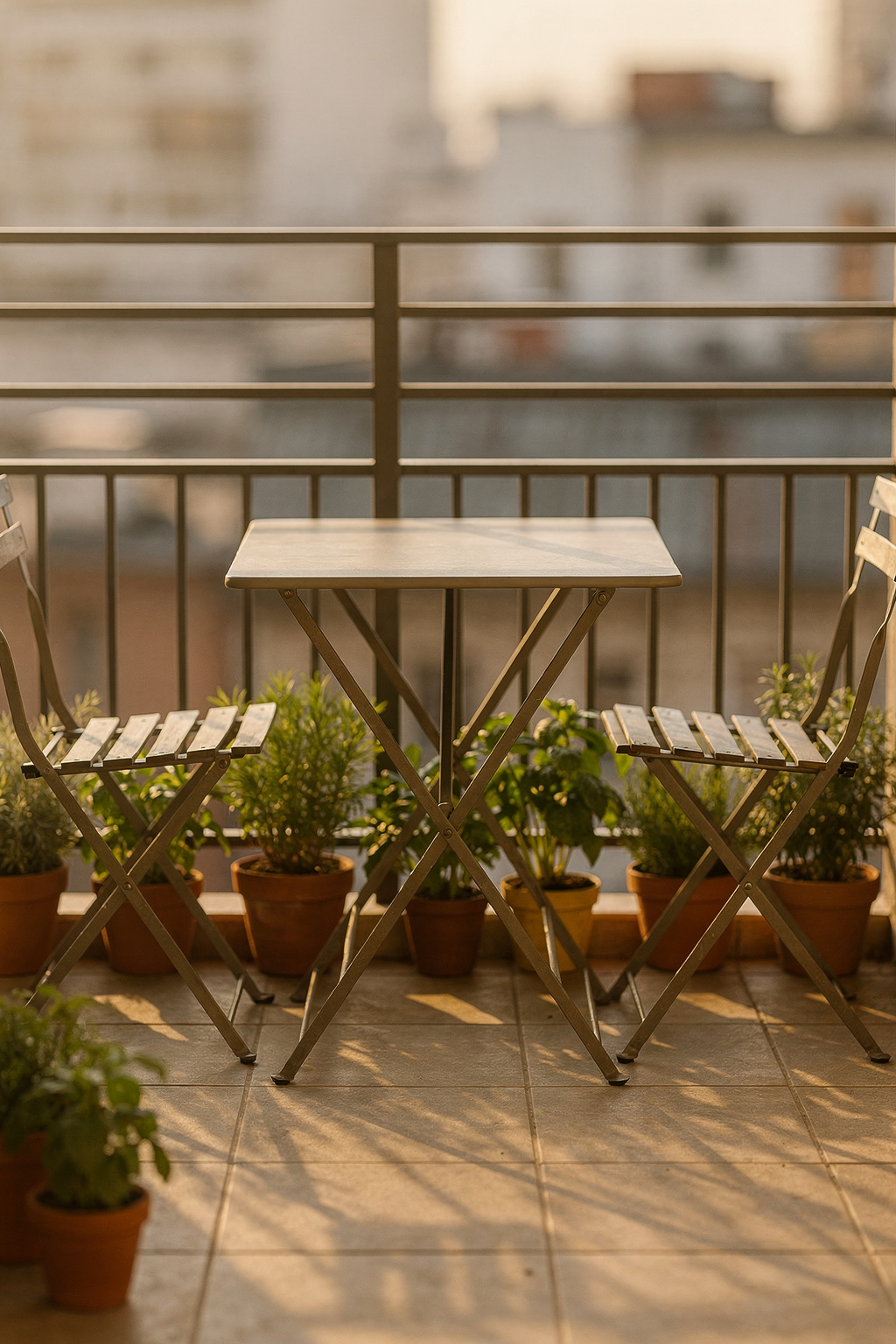 Ein kleiner Stadtbalkon mit klappbarem Bistrotisch und zwei schmalen Stühlen, bepflanzt mit Kräutern in Terrakottatöpfen.