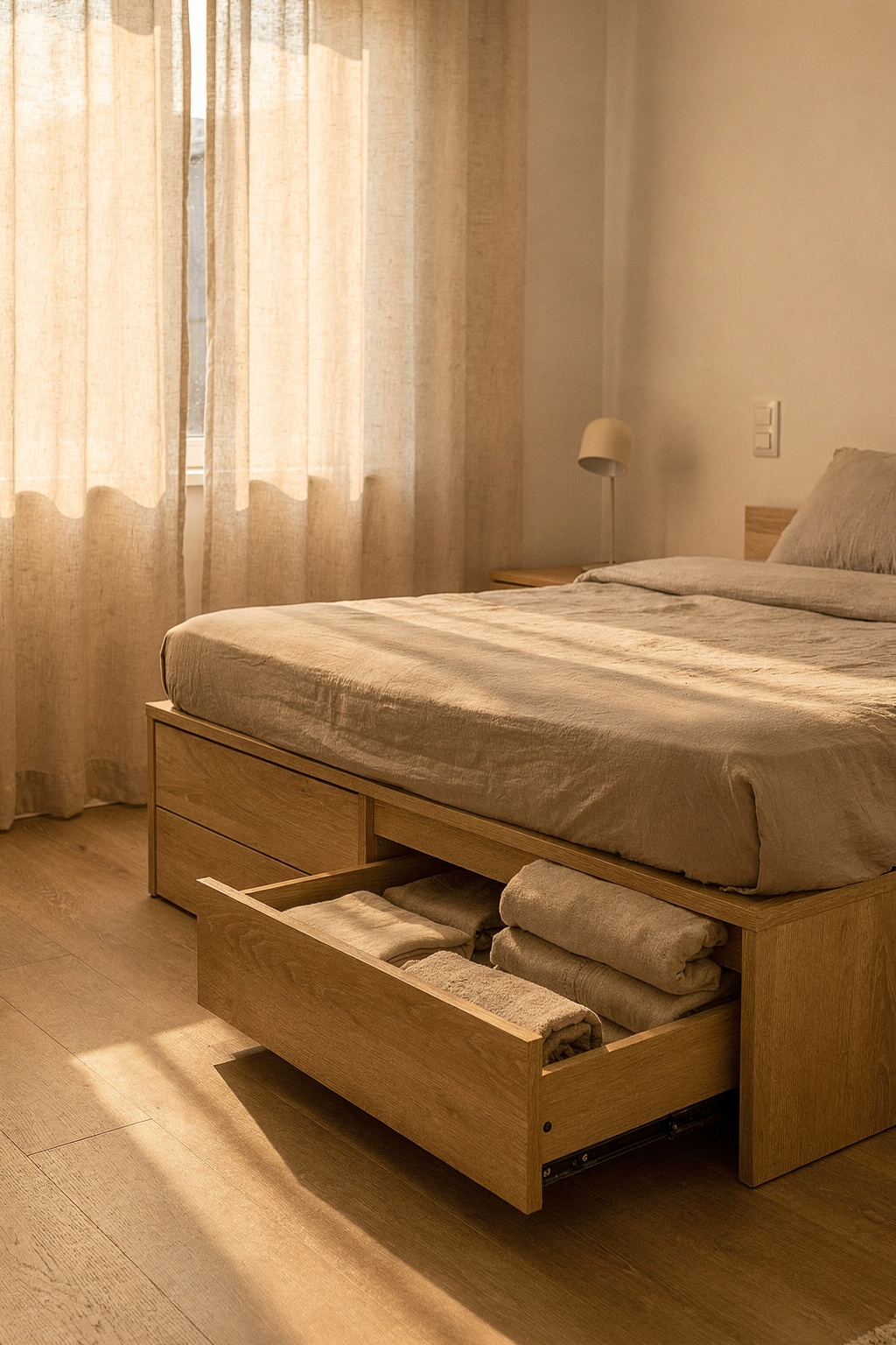 Ein kleines Schlafzimmer mit Bett und eingebauten Schubladen darunter für Stauraum.