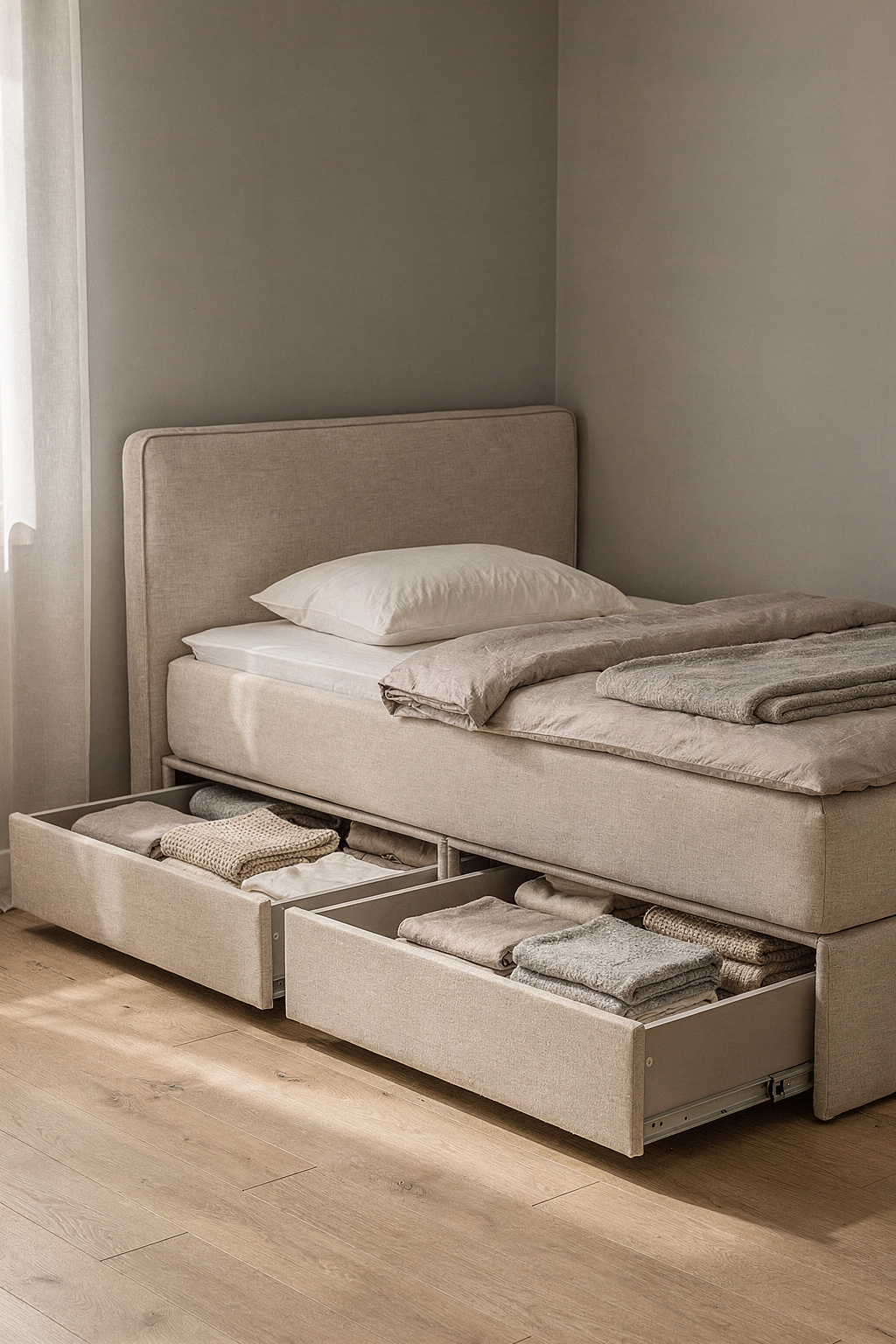 Ein modernes Boxspringbett mit geöffneten Schubladen zeigt den Stauraum darunter in einem kleinen Schlafzimmer.