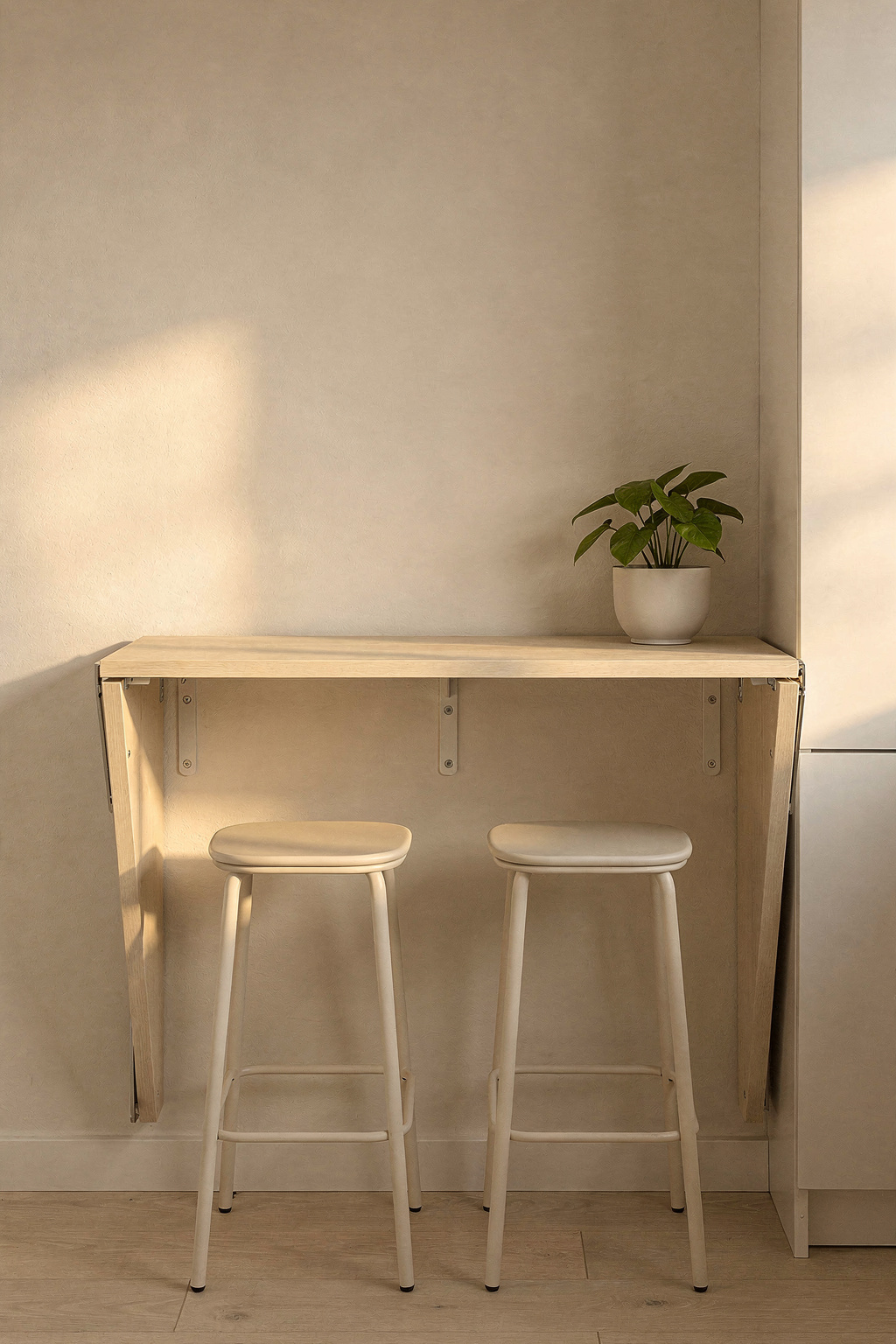 Schmale Küchentheke mit Barhockern in einer kleinen Wohnung, platzsparende Einrichtung.
