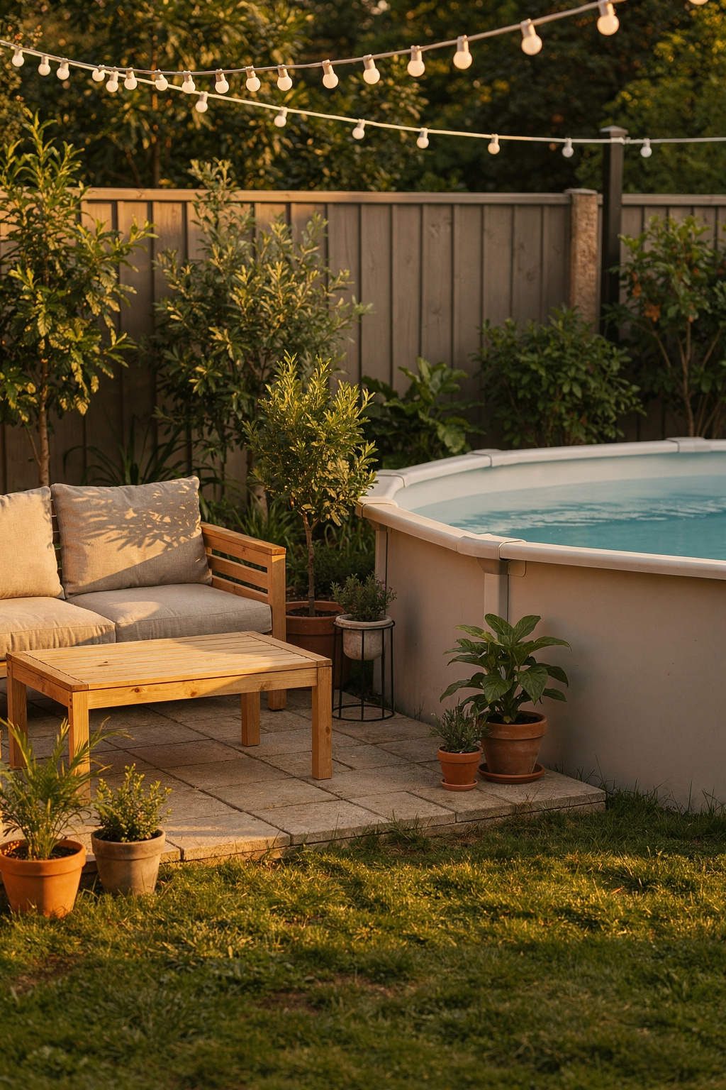 Einfache Gartenlounge mit Holzmöbeln neben einem kleinen Pool, dekoriert mit Pflanzen und Lichterketten im Freien.