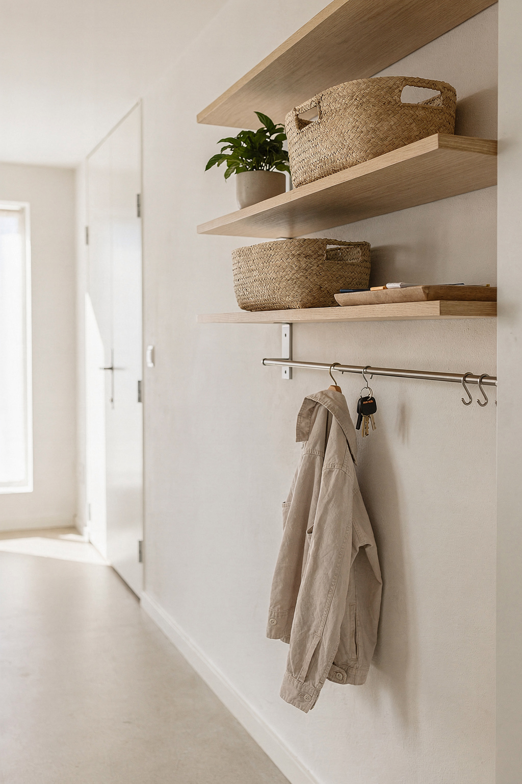 Ein helles Flur Regal aus hellem Holz mit Körben und Haken an weißer Wand.