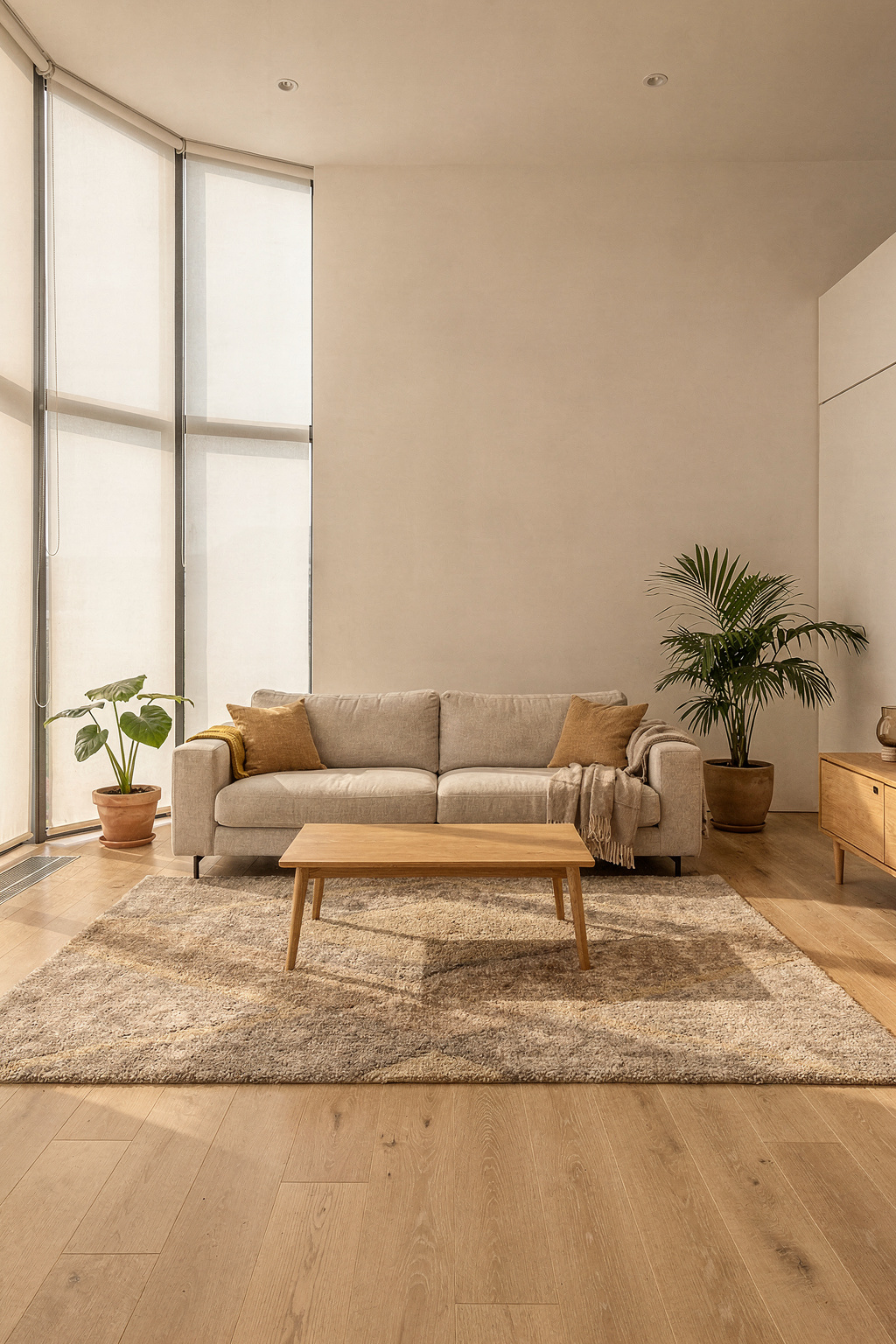 Großes Wohnzimmer mit Sofa und Teppich als gemütliche Sitzzone. Helles Tageslicht durch hohe Fenster.