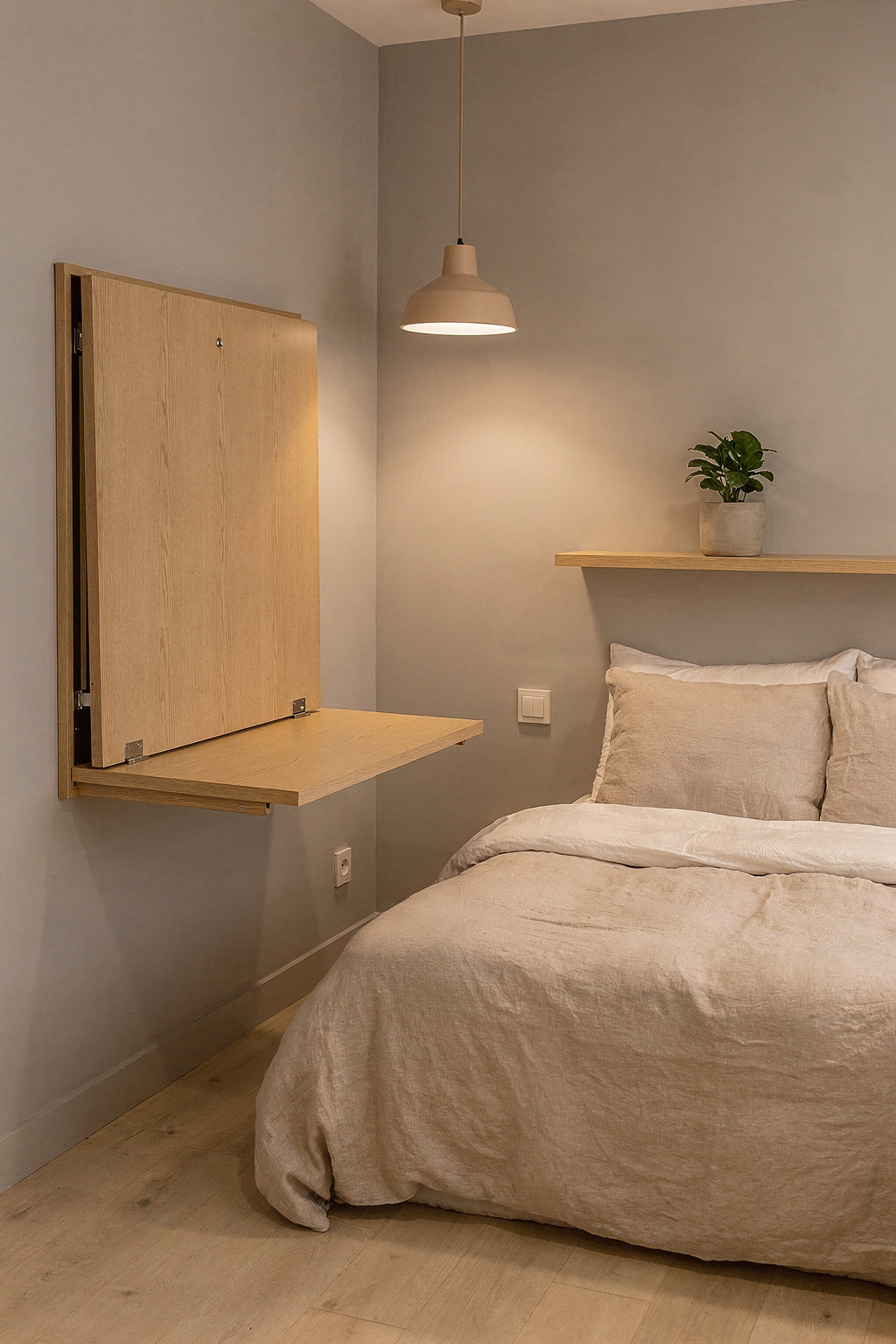 Kleines Wohn-Schlafzimmer mit wandmontiertem Klapptisch als Arbeitsbereich neben einem kompakten Bett.