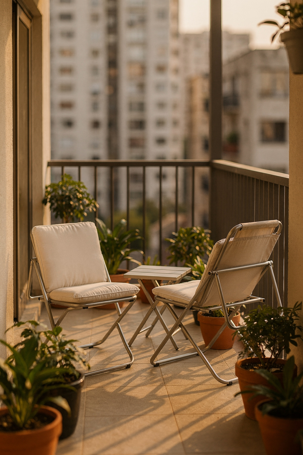 Zwei platzsparende Klappstühle und ein kleiner Tisch auf einem schmalen Balkon. Kompakte Loungemöbel nutzen den Platz effizient.