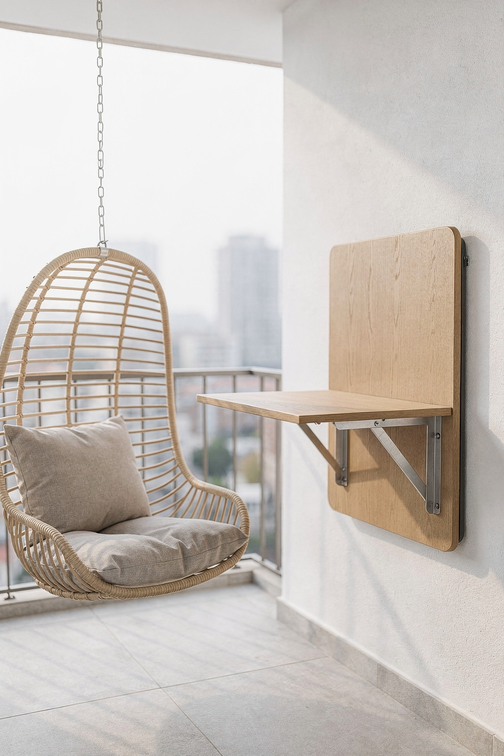 Schmaler Balkon mit wandmontiertem Klapptisch und einer Hängematte als platzsparende Sitzmöglichkeit im Freien.