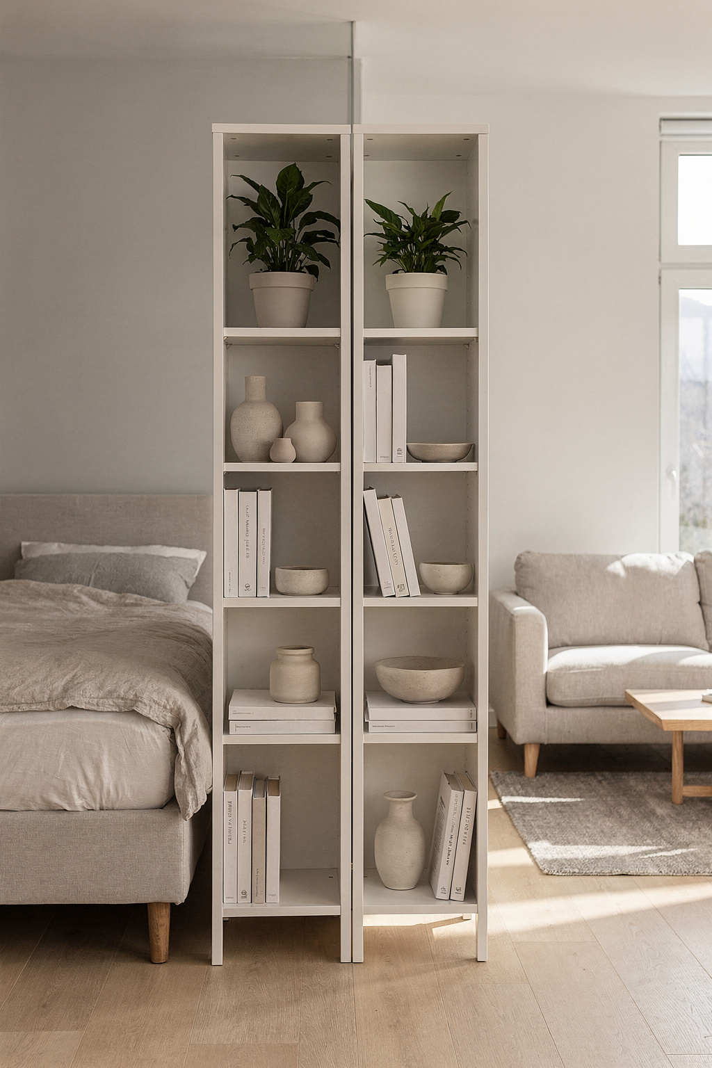 Hemnes Regal als Raumteiler in einer offenen Wohnung, der Wohn- und Schlafbereich trennt.