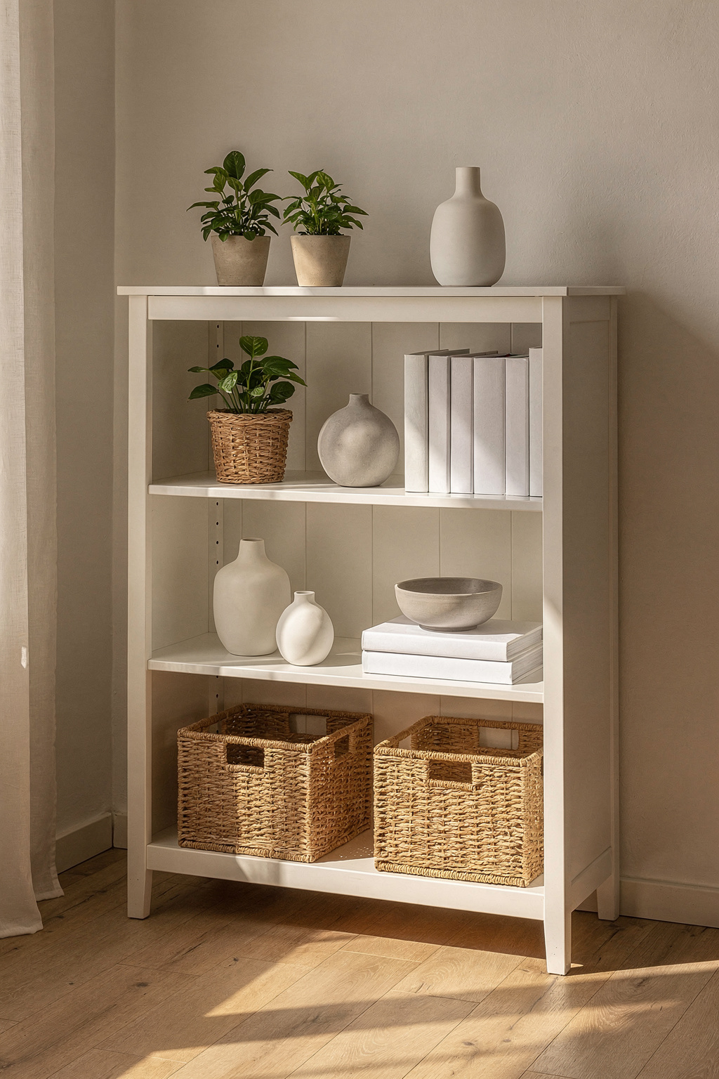 Ein weißes Hemnes Regal in einem kleinen Wohnzimmer, dekoriert mit Pflanzen, Körben und Büchern.