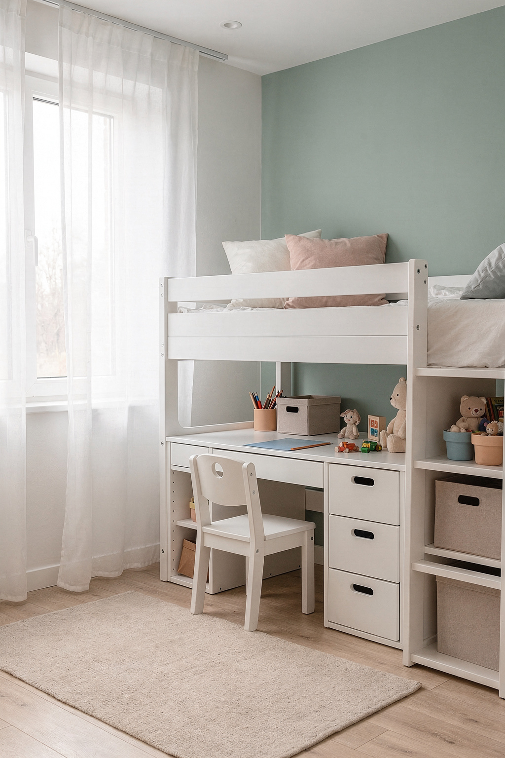 Ein kleines Kinderzimmer mit einem Hochbett und integriertem Stauraum darunter, skandinavischer Stil.