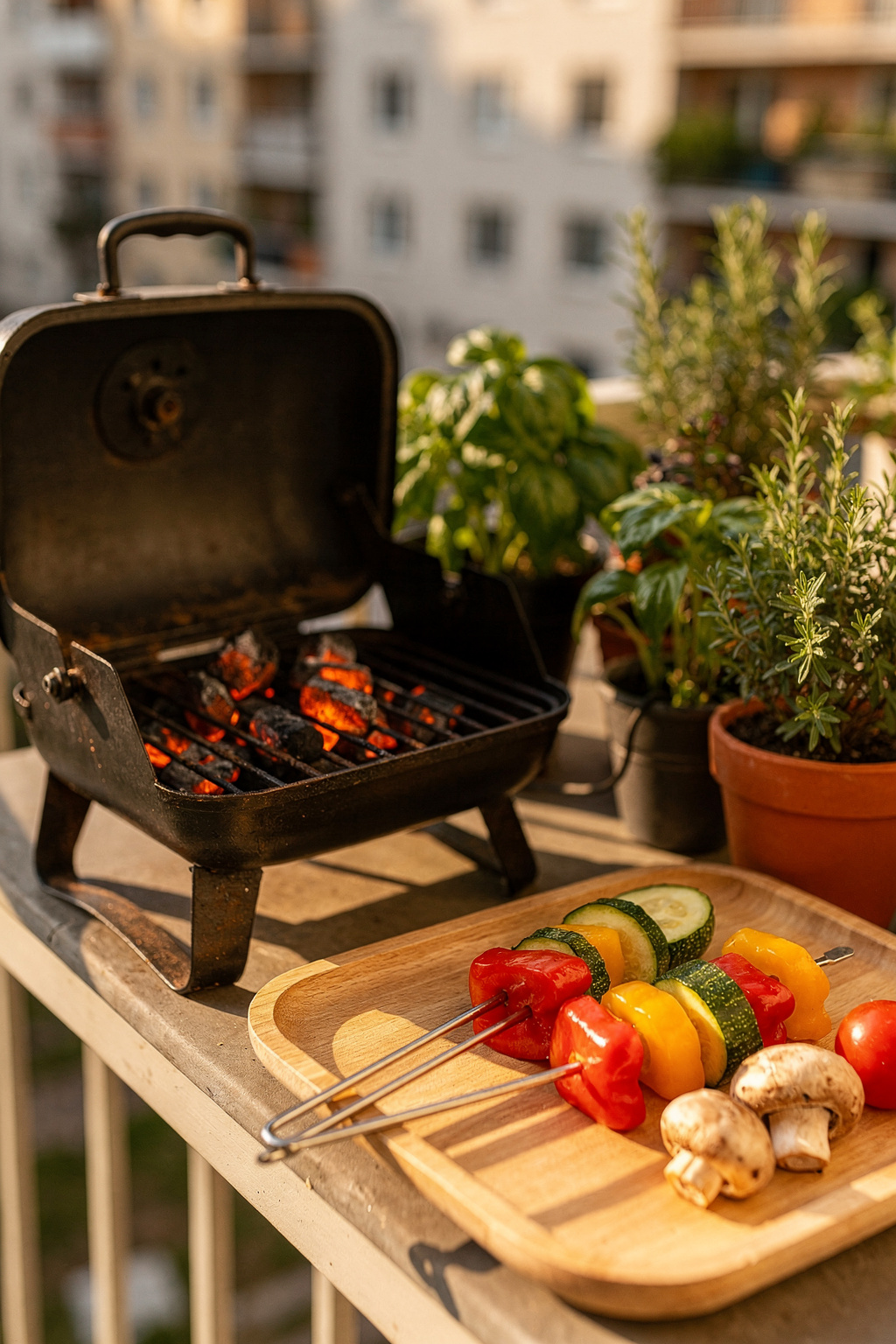 Kleiner Holzkohlegrill steht auf einem sonnigen Balkon mit glühender Kohle und frischem Gemüse daneben.
