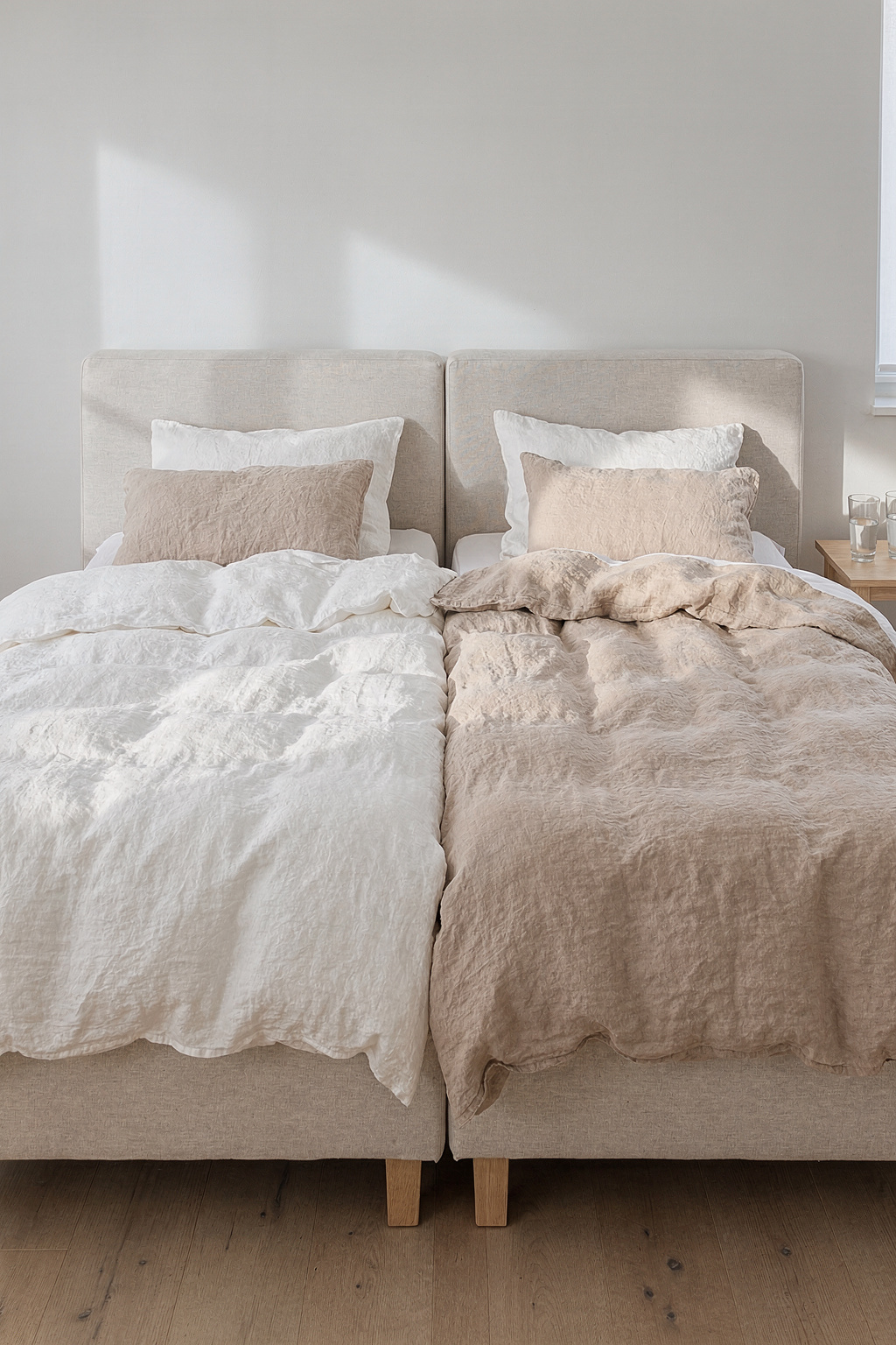 Zwei zusammengestellte IKEA Bettrahmen bilden ein großes Familienbett in einem hellen Schlafzimmer.