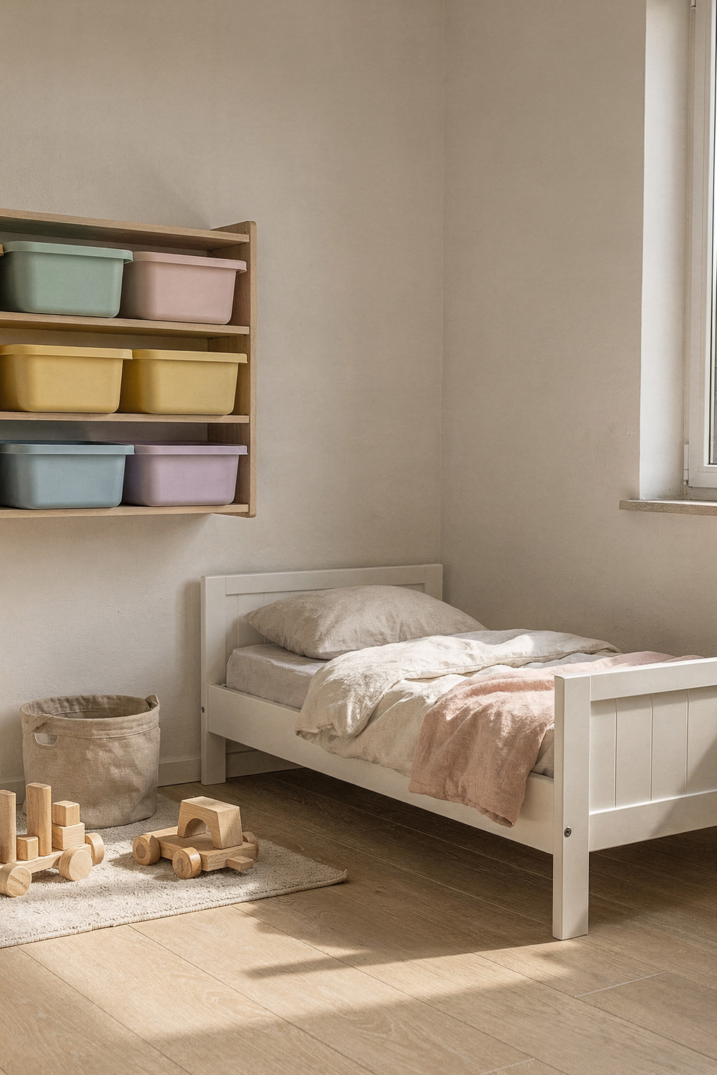 Ein kleines Kinderzimmer mit IKEA Kindermöbeln, niedrigem Bett und offenen Regalen in hellen Farben.