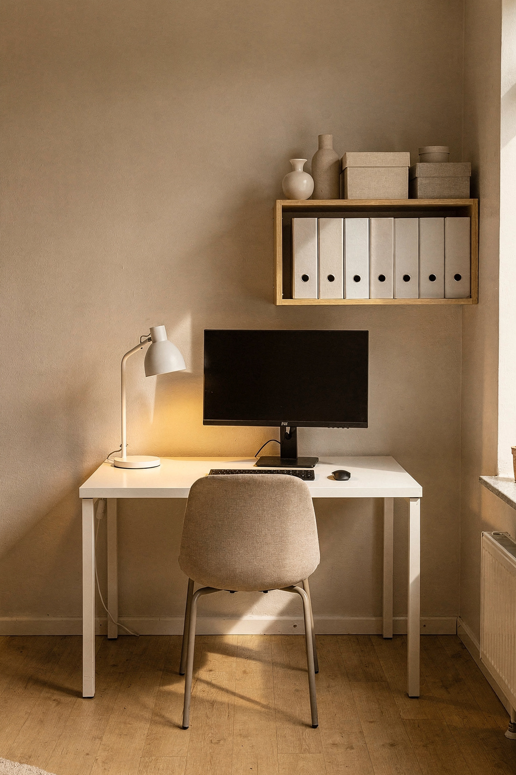 Ein kompaktes Homeoffice in einer kleinen Wohnung mit weißem IKEA Schreibtisch, Monitor und Wandregal.