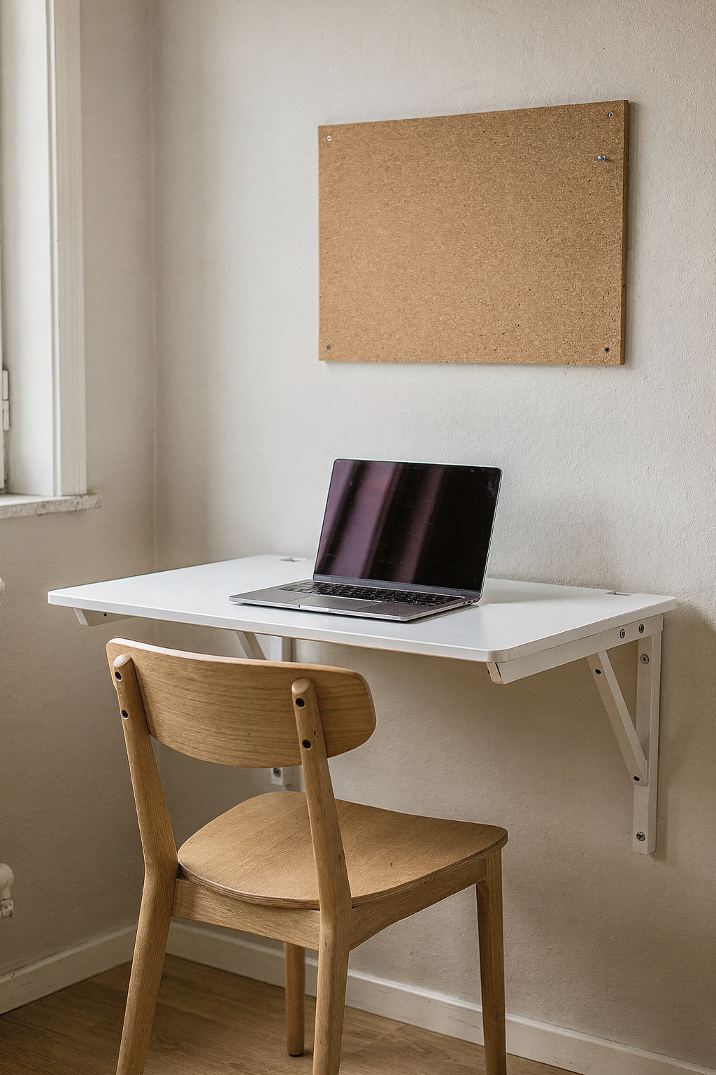 Kleines Homeoffice mit platzsparendem Wandklapptisch und Stuhl in einer hellen Wohnung.