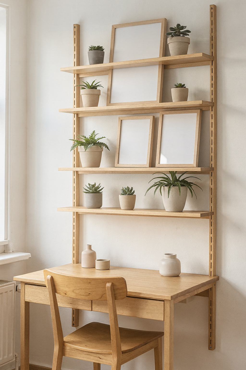 Kleines Wohnzimmer mit platzsparendem IKEA Regal und hellem Holzdekor.