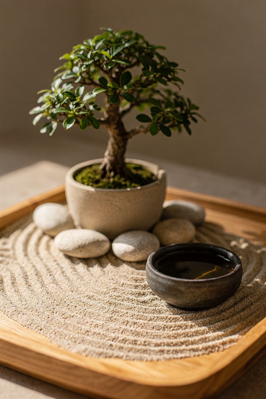 Miniaturbonsai auf einem Holztablett mit Kieselsteinen und einer kleinen Bambusschale – japanisches Gartendesign im Kleinen.