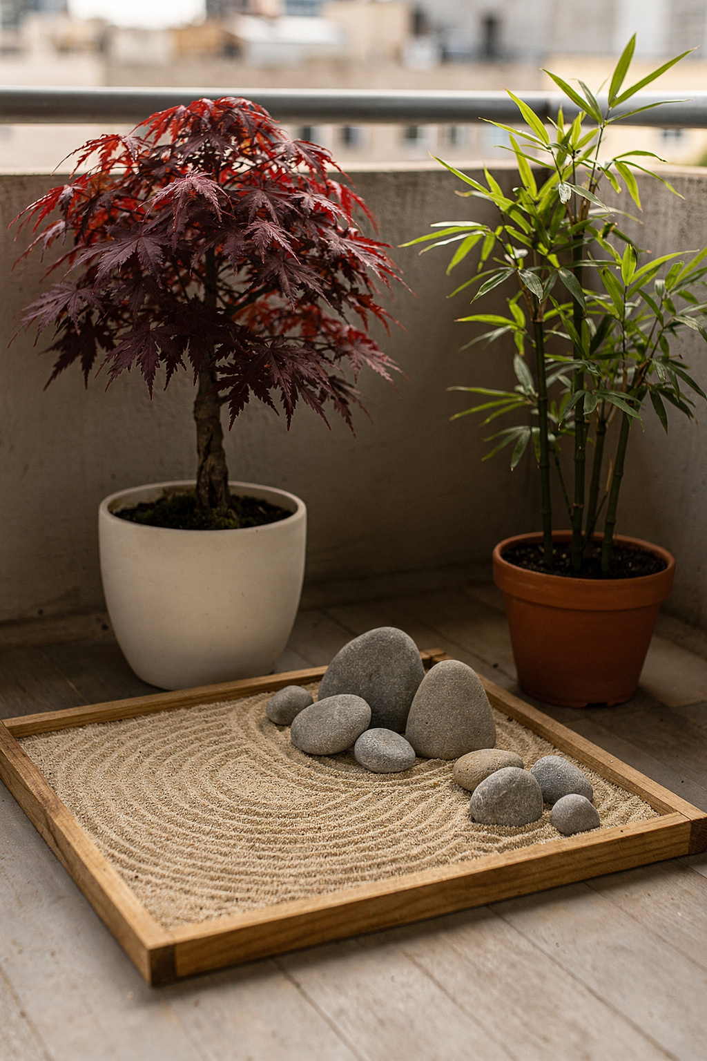 Kleiner japanischer Garten auf einem Balkon mit Kieselsteinen und einem Zwergahorn in einem schlichten Keramiktopf.