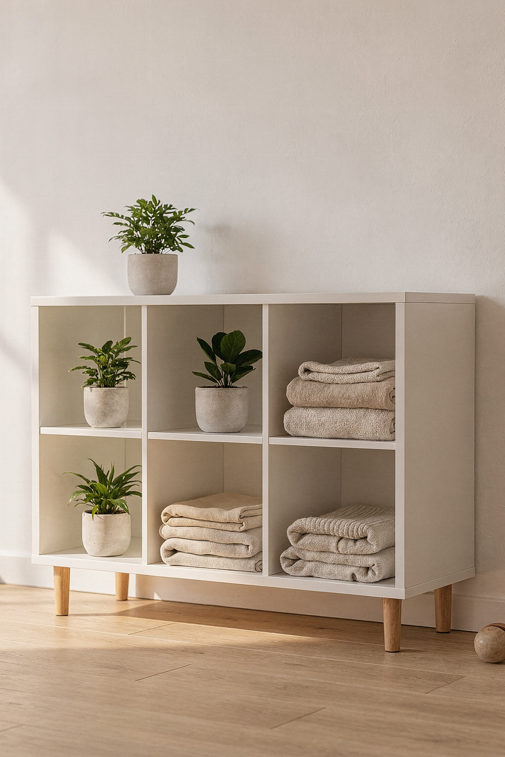 Ein weißes Kallax Regal mit angeschraubten Holzbeinen steht als Sideboard im Wohnzimmer.