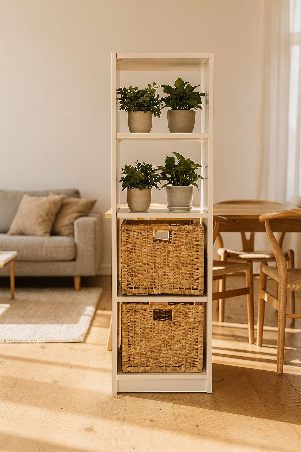 Ein Kallax Regal dient als Raumteiler zwischen Wohn- und Esszimmer mit Korbboxen und Pflanzen.