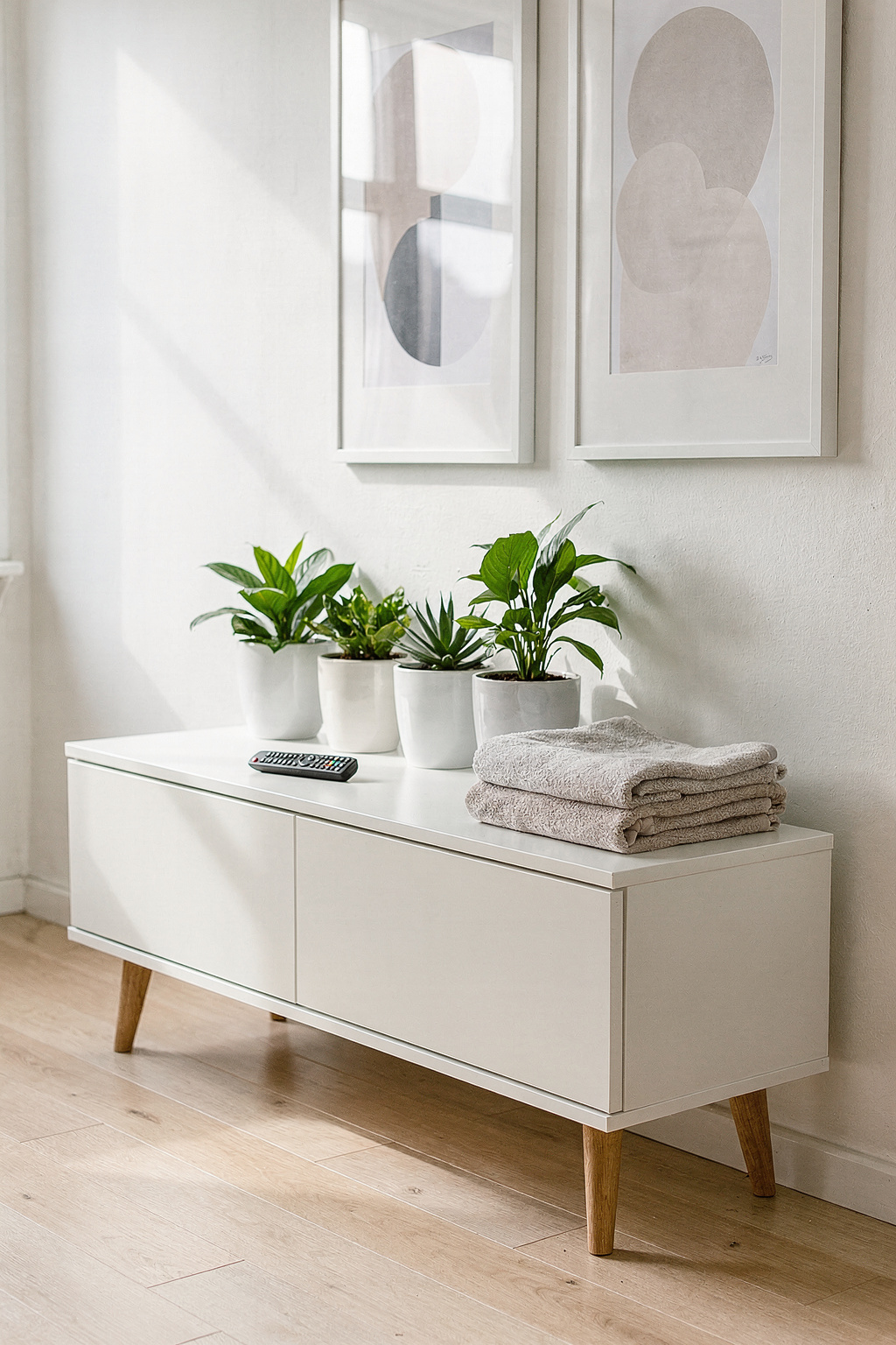 Ein KALLAX Regal von IKEA als TV-Möbel mit aufgesetzten Holzbeinen im Wohnzimmer.