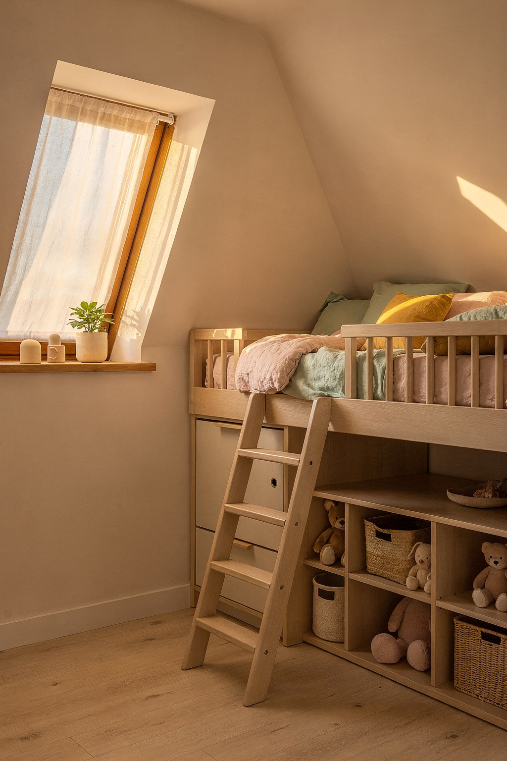 Kinderzimmer mit Dachschräge und eingebautem Hochbett, das den Raum unter der Schräge optimal nutzt.