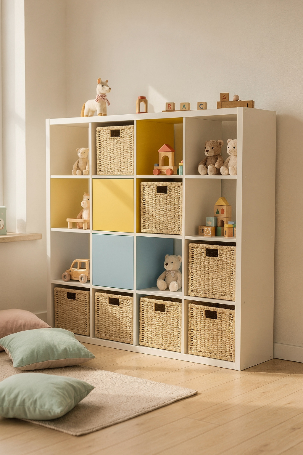 Ein helles Kinderzimmer mit buntem Würfelregal an der Wand und geflochtenen Körben auf dem Boden als Stauraum.