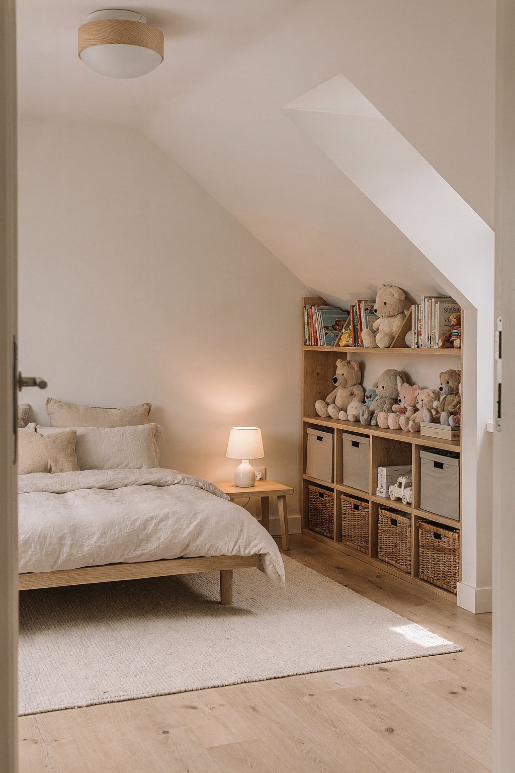 Stauraum unter der Dachschräge im Kinderzimmer mit niedrigen Regalen und Körben aus Holz und Weide.