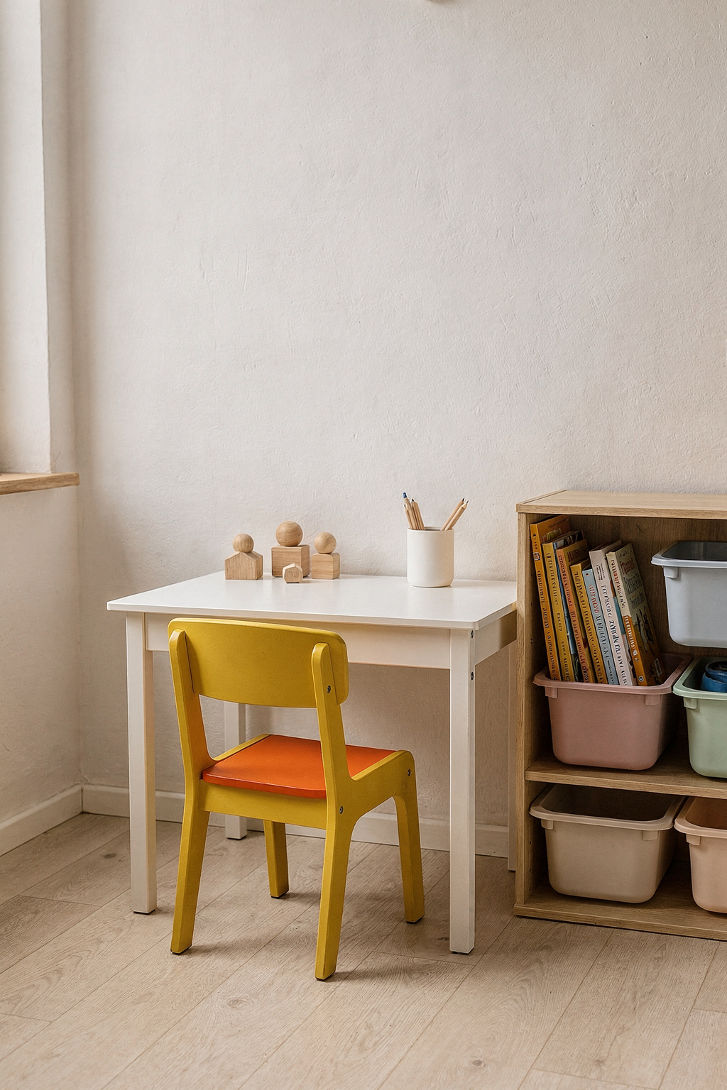 Kinderschreibtisch mit buntem Stuhl neben einem Regal mit Spielzeug in einem kleinen Kinderzimmer.