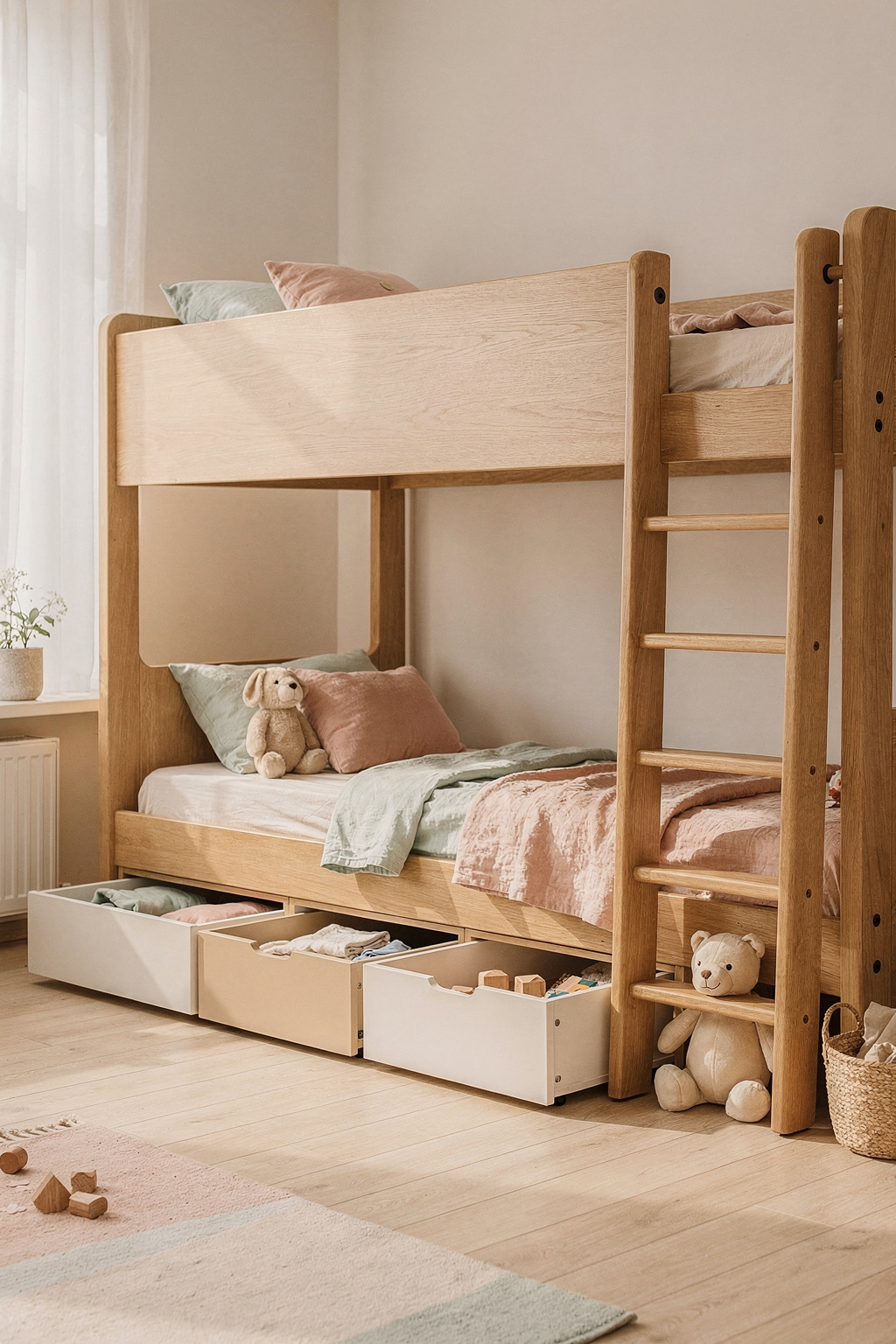 Kinderhochbett mit Schubladen darunter nutzt den Platz im Kinderzimmer optimal als Stauraum.