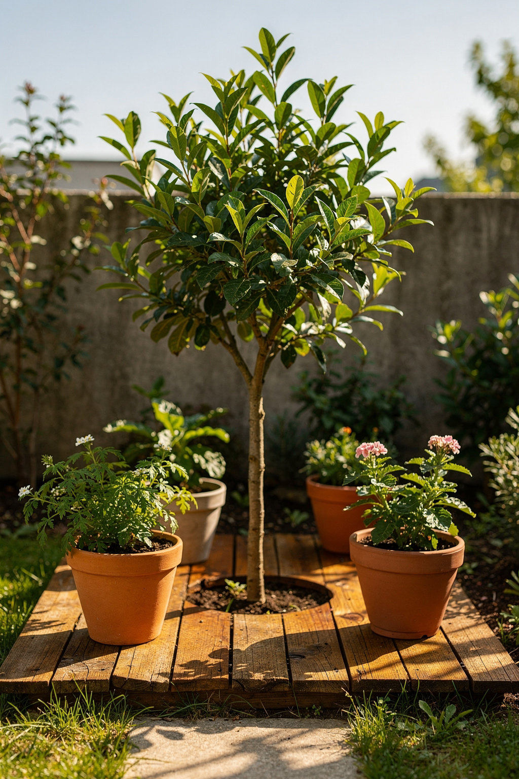 Ein kleiner Zierbaum steht als Blickfang in einem kompakten Garten auf einer Terrasse.
