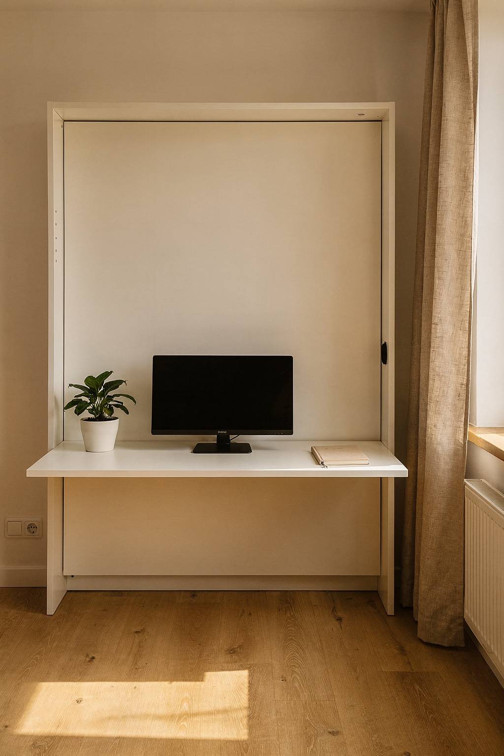 Ein kleines Zimmer mit hochgeklapptem Wandbett und freigegebenem Schreibtisch darunter, als Büro und Gästezimmer genutzt.