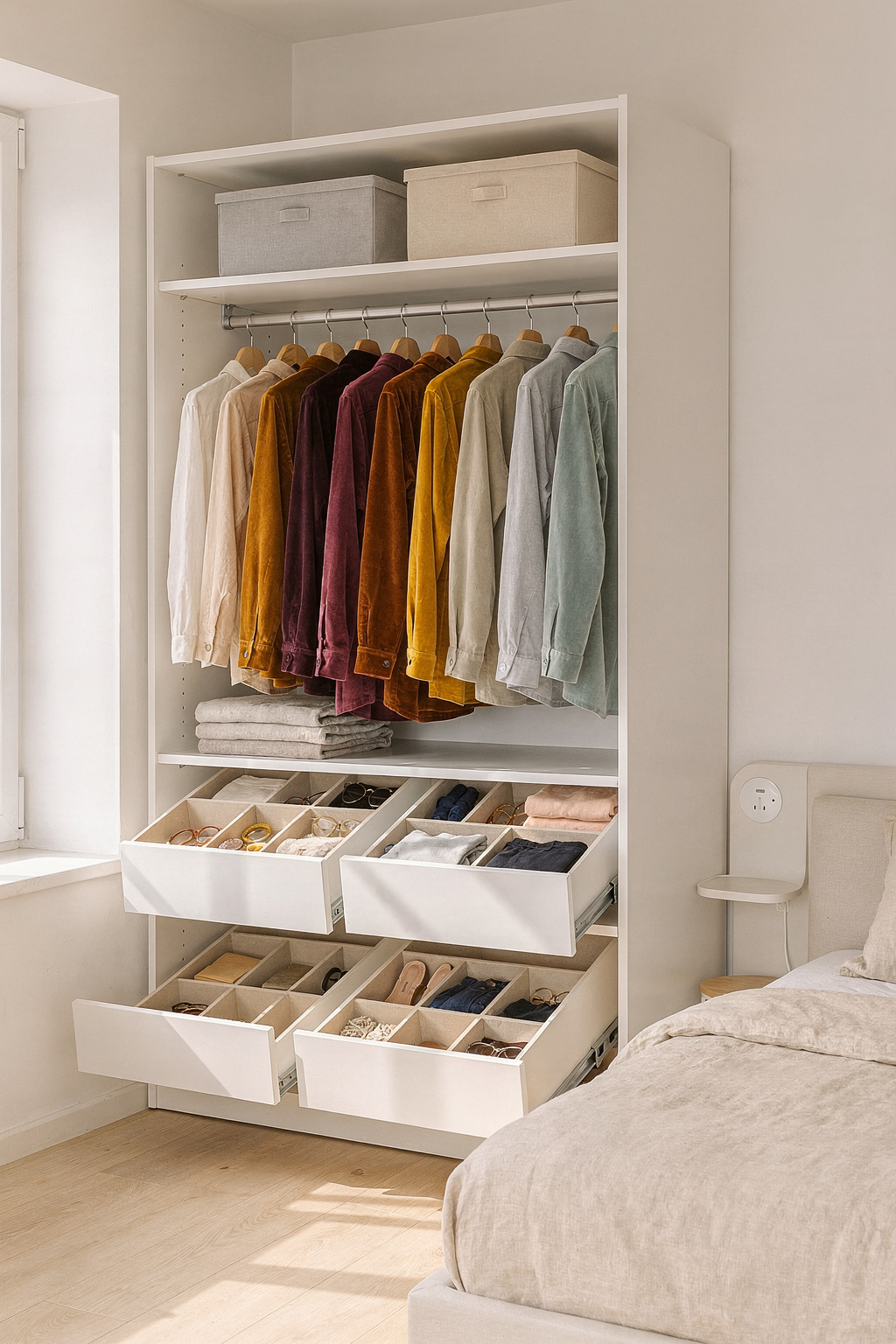 Offener Kleiderschrank mit farblich sortierten Kleidungsstücken und beschriftungsfreien Aufbewahrungsboxen in einem hellen Schlafzimmer.