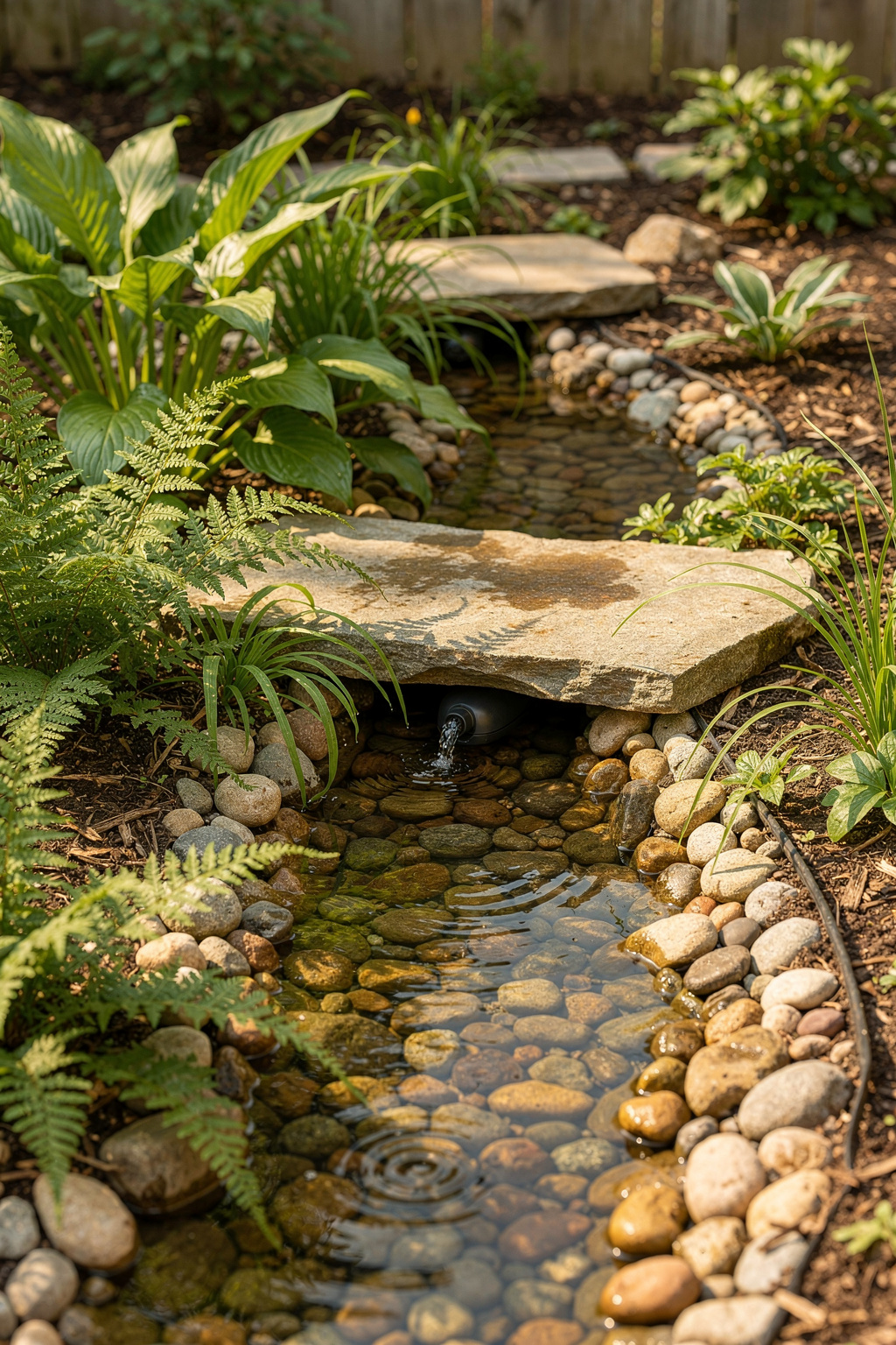 Fertig angelegter Gartenbach mit Pumpe und Steinen, umgeben von Wasserpflanzen im Garten.