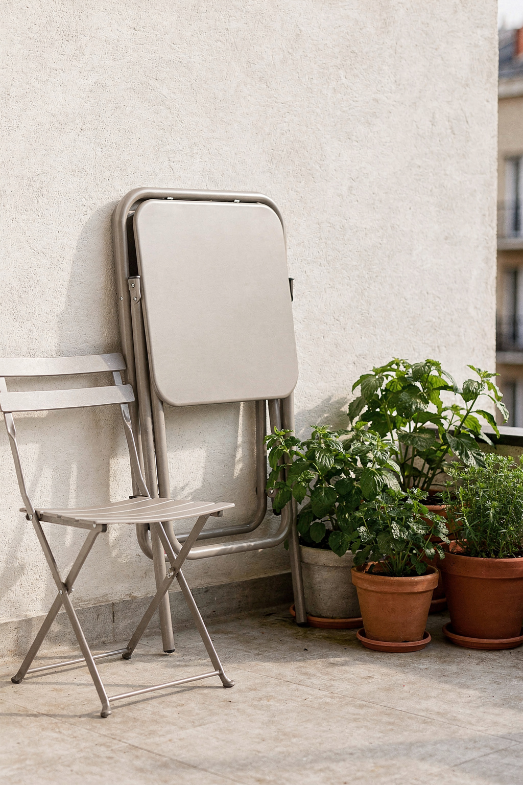 Kleiner Klapptisch auf einer Terrasse, platzsparend an die Wand gelehnt, mit zwei gefalteten Metallstühlen daneben.