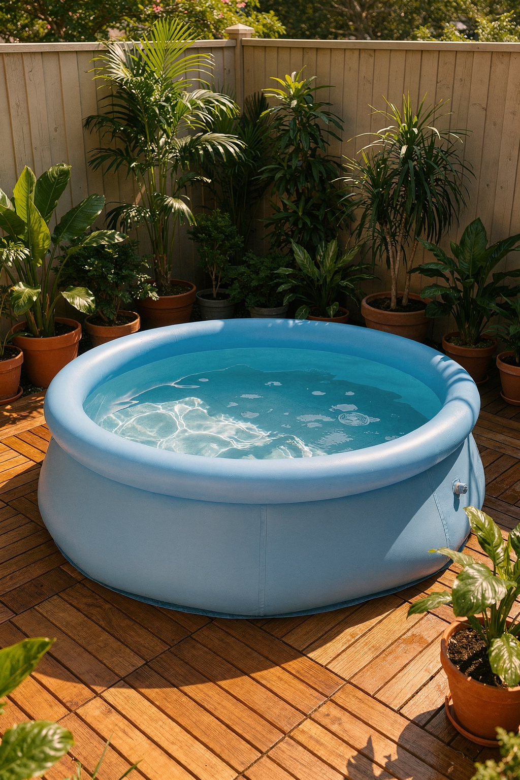 Ein kleiner aufblasbarer Pool steht im Garten, umgeben von Topfpflanzen und Holzdielen an einem sonnigen Sommertag.