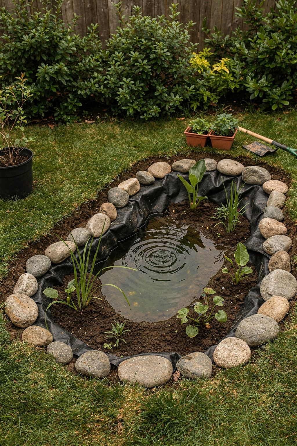 Ein kleiner Gartenteich mit Wasserpflanzen und Steinen in einem kompakten Stadtgarten.