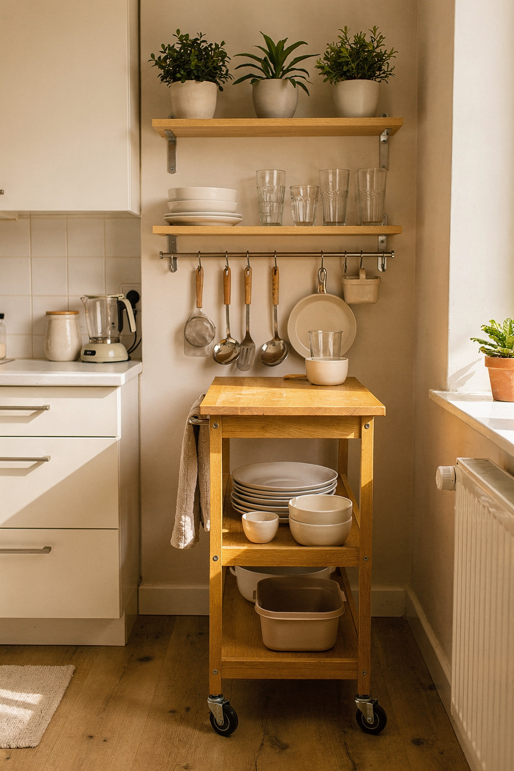 Eine helle Küche mit kreativen IKEA Hacks wie offenen Regalen und Aufbewahrungslösungen.