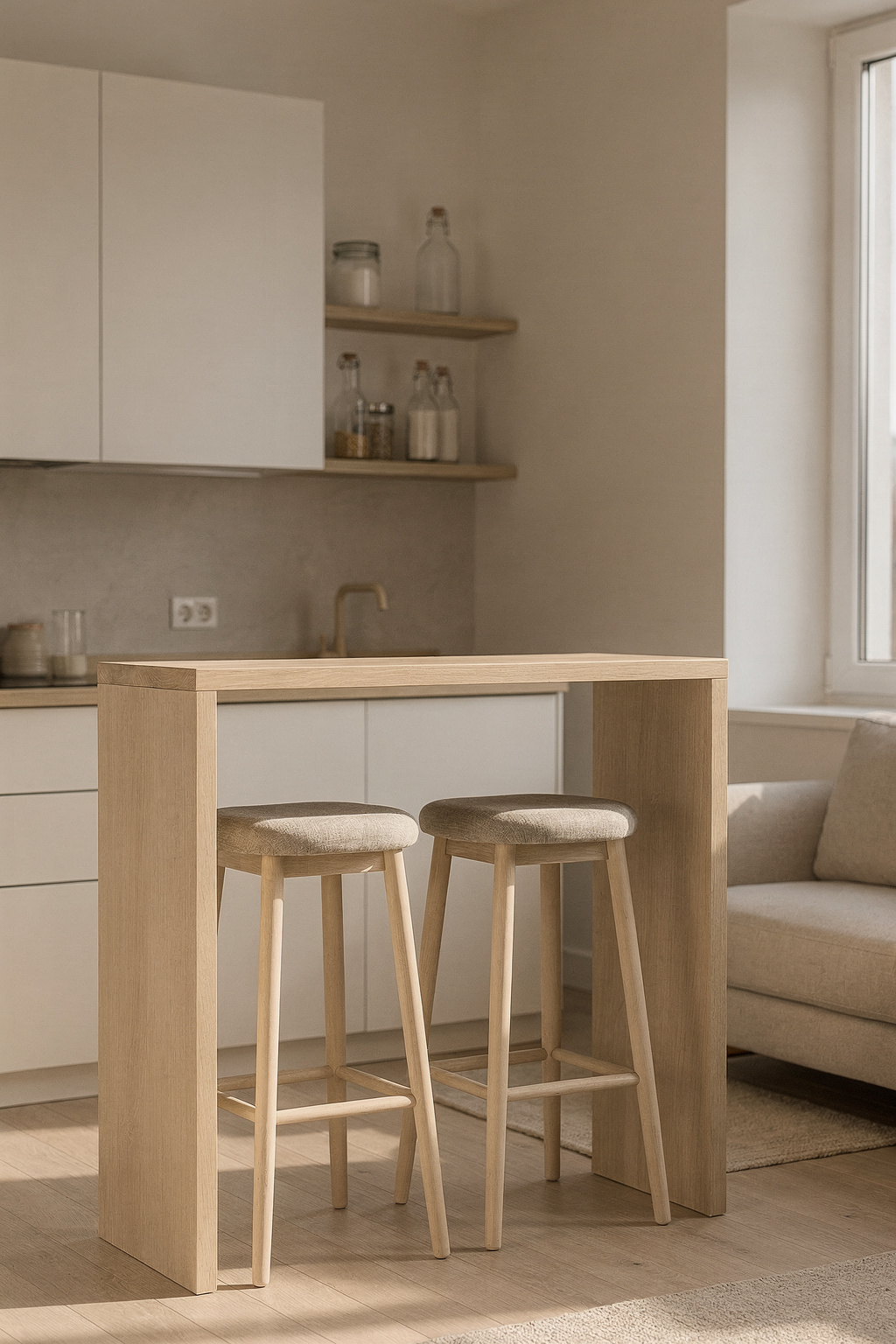 Kleine Küche mit Theke als Raumteiler, zwei Barhocker davor, helles Skandinavisches Design.