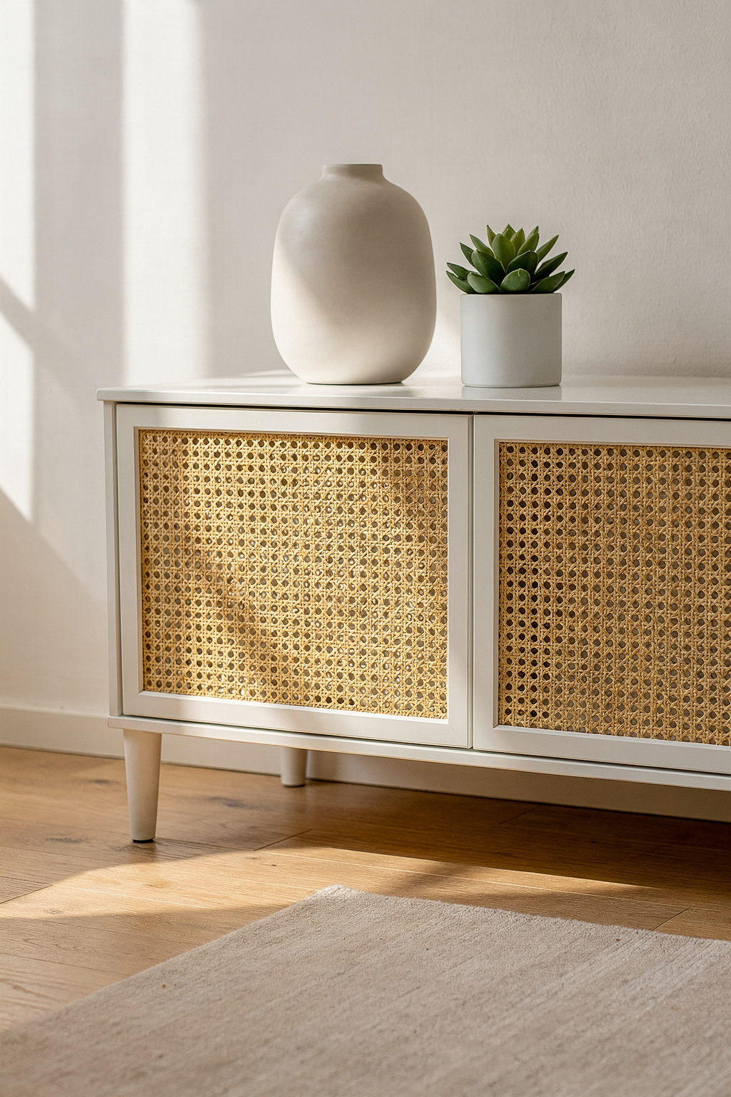 IKEA BESTA Schrank mit selbst eingesetzten Rattan-Fronten als dekoratives Sideboard im Wohnzimmer.