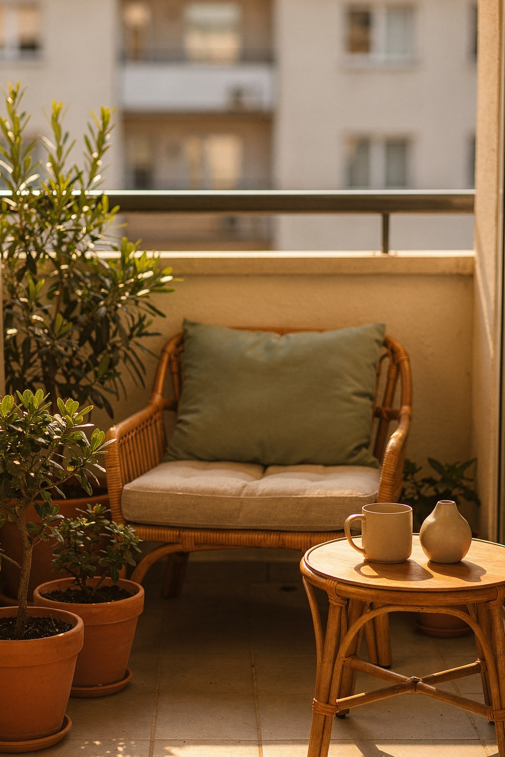 Ein kleiner Balkon mit kompakter Rattanliege und Kissen. Loungemöbel für den kleinen Balkon schaffen eine gemütliche Atmosphäre.