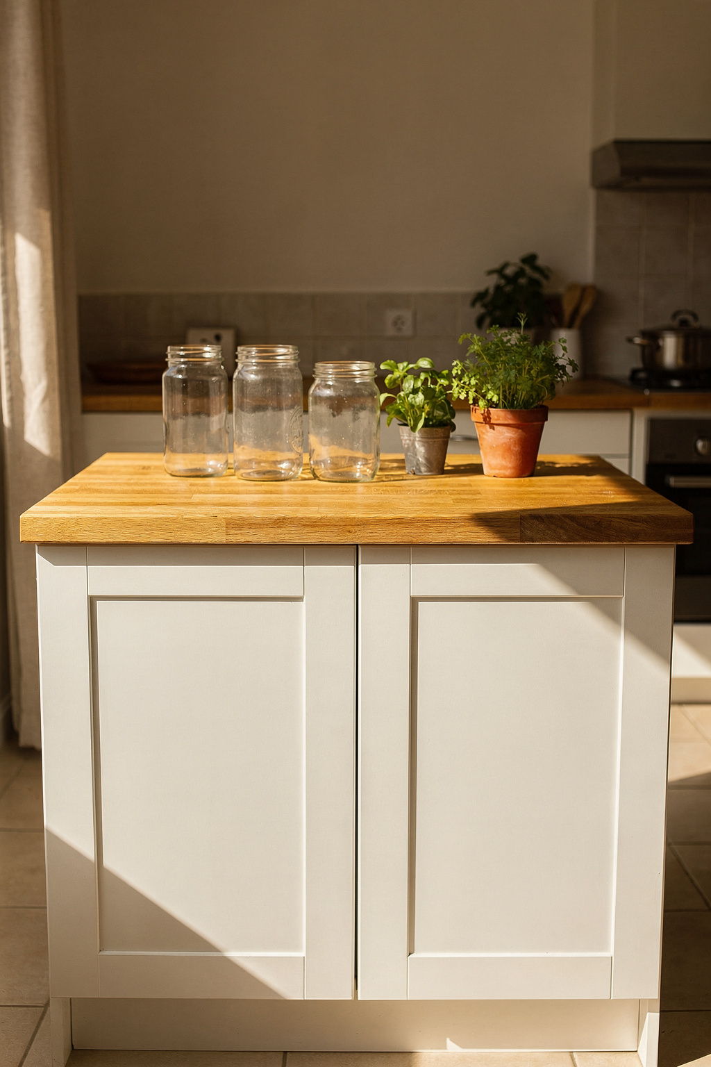 Kleiner Küchentresen aus IKEA Modulen mit unlabeled Gläsern und Kräutertöpfen darauf.