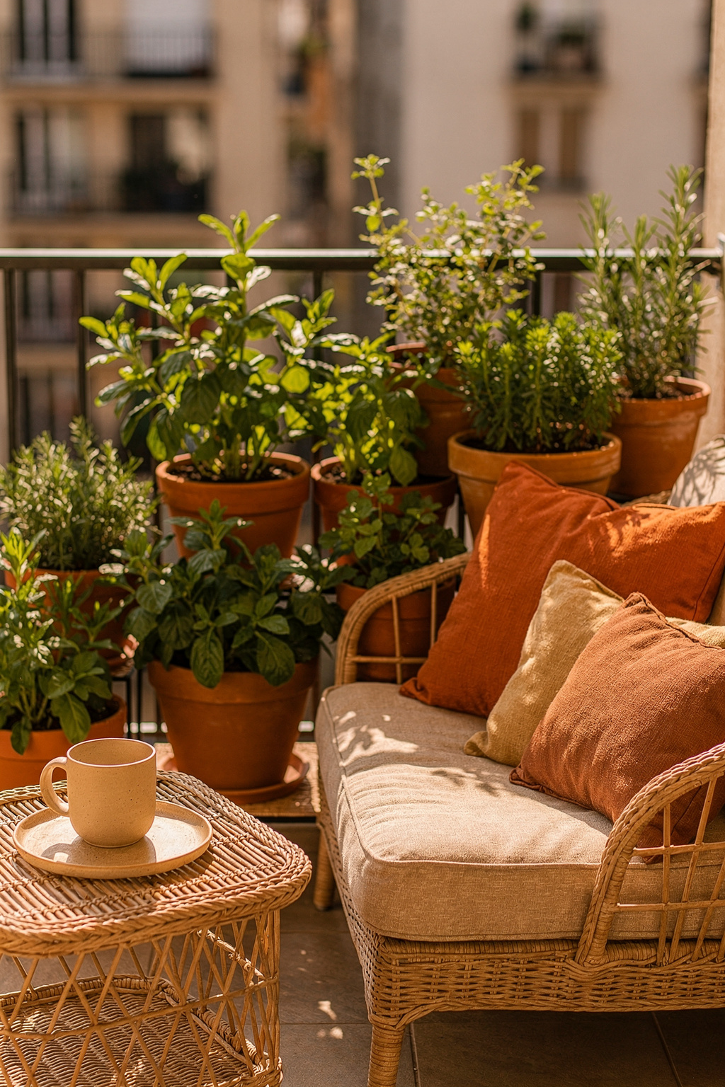 Rattanmöbel auf kleinem Balkon mit Kissen und Pflanzen in Terrakottatöpfen im Sonnenlicht.