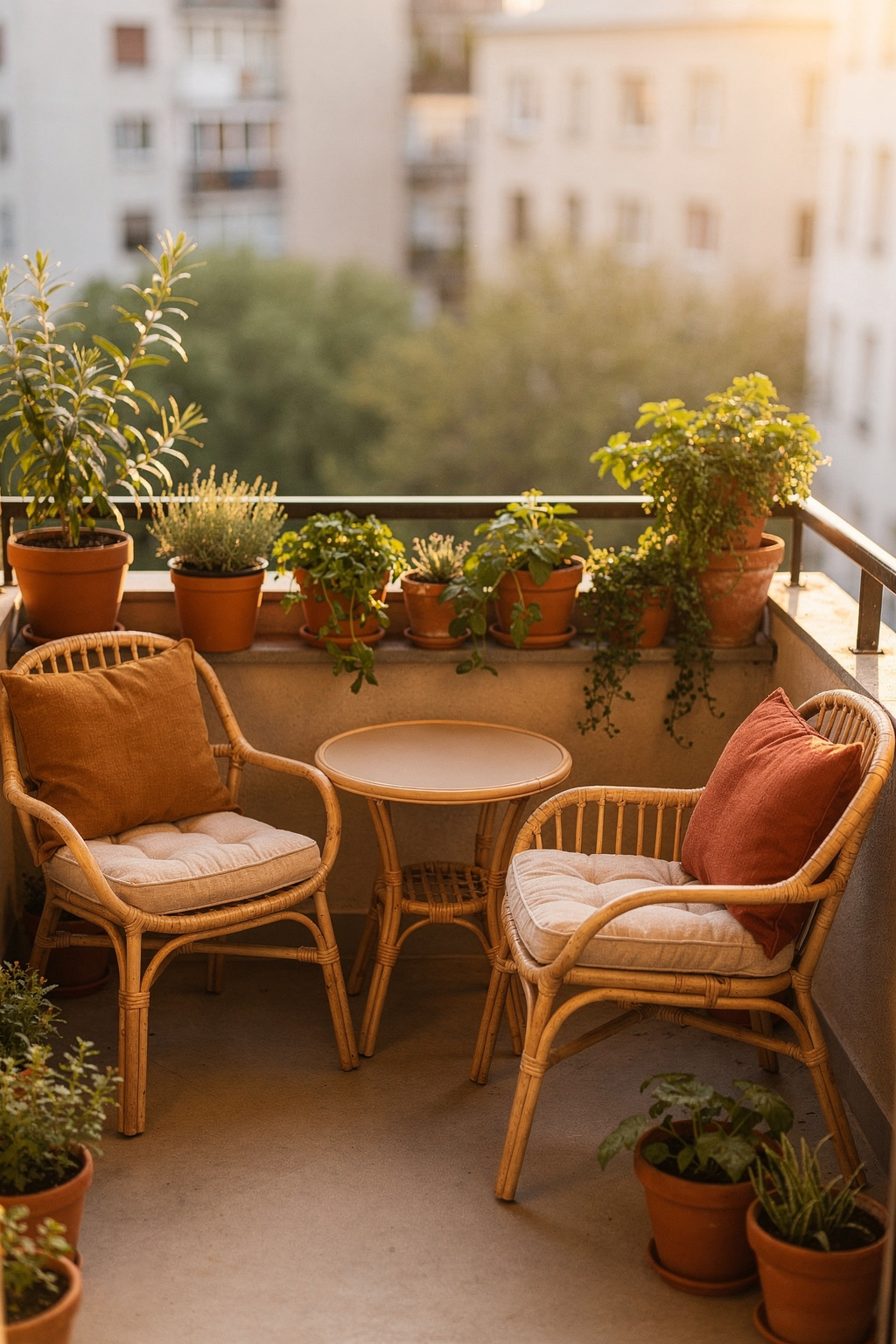 Zwei leichte Rattanstühle und ein kleiner runder Rattantisch auf einem kompakten Balkon mit Pflanzen.