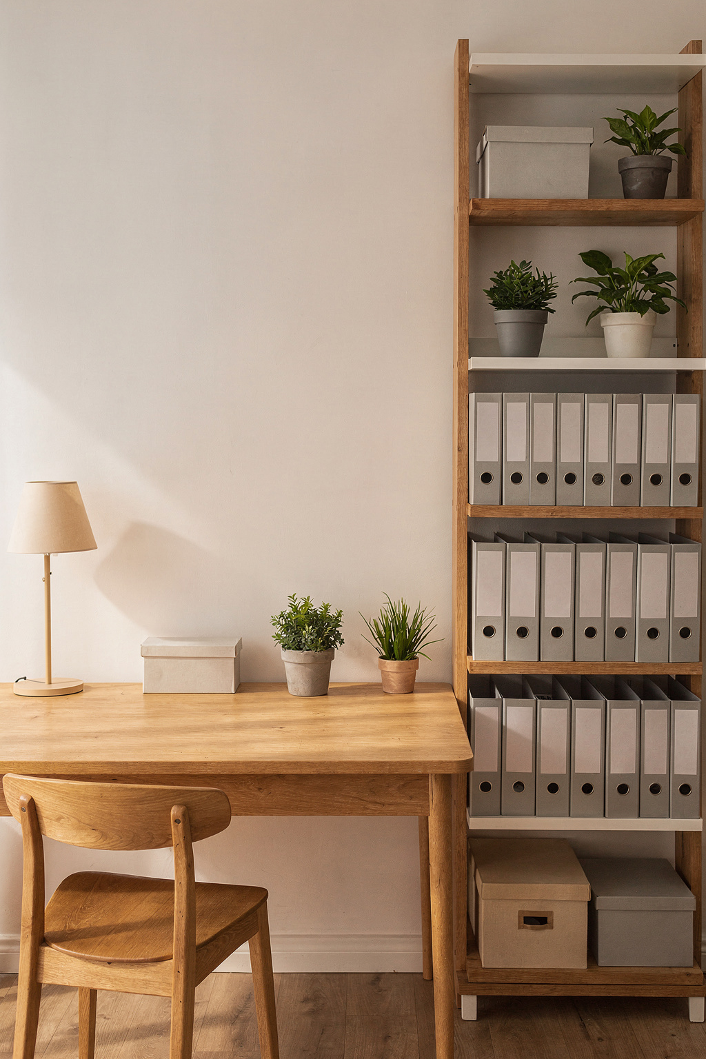 Schreibtisch mit angrenzendem Wandregal im Arbeitszimmer, ordentlich eingeräumt mit Ordnern und Dekoelementen.