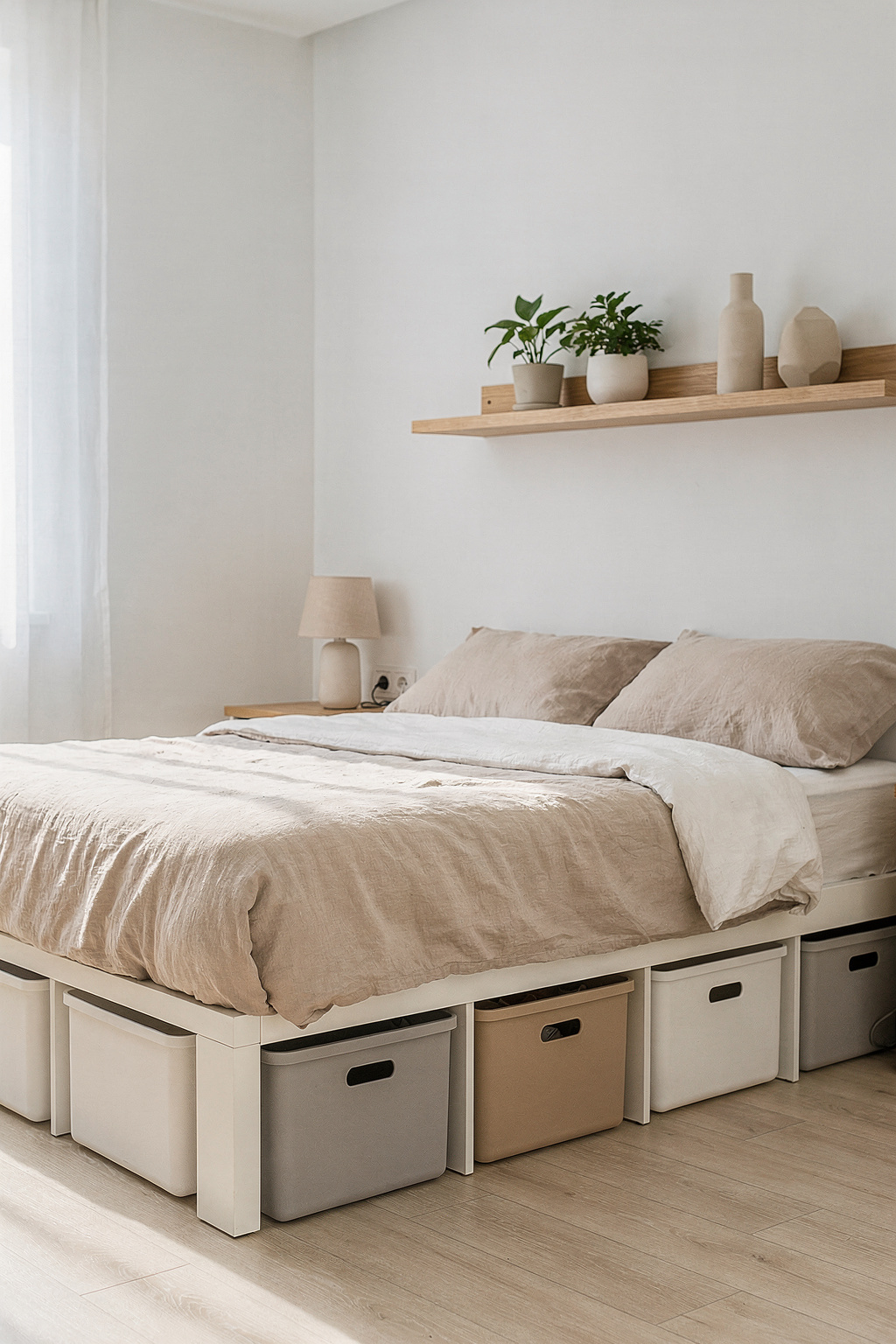 Schlafzimmer mit cleverer Aufbewahrung unter dem Bett und einem schmalen Regal an der Wand.