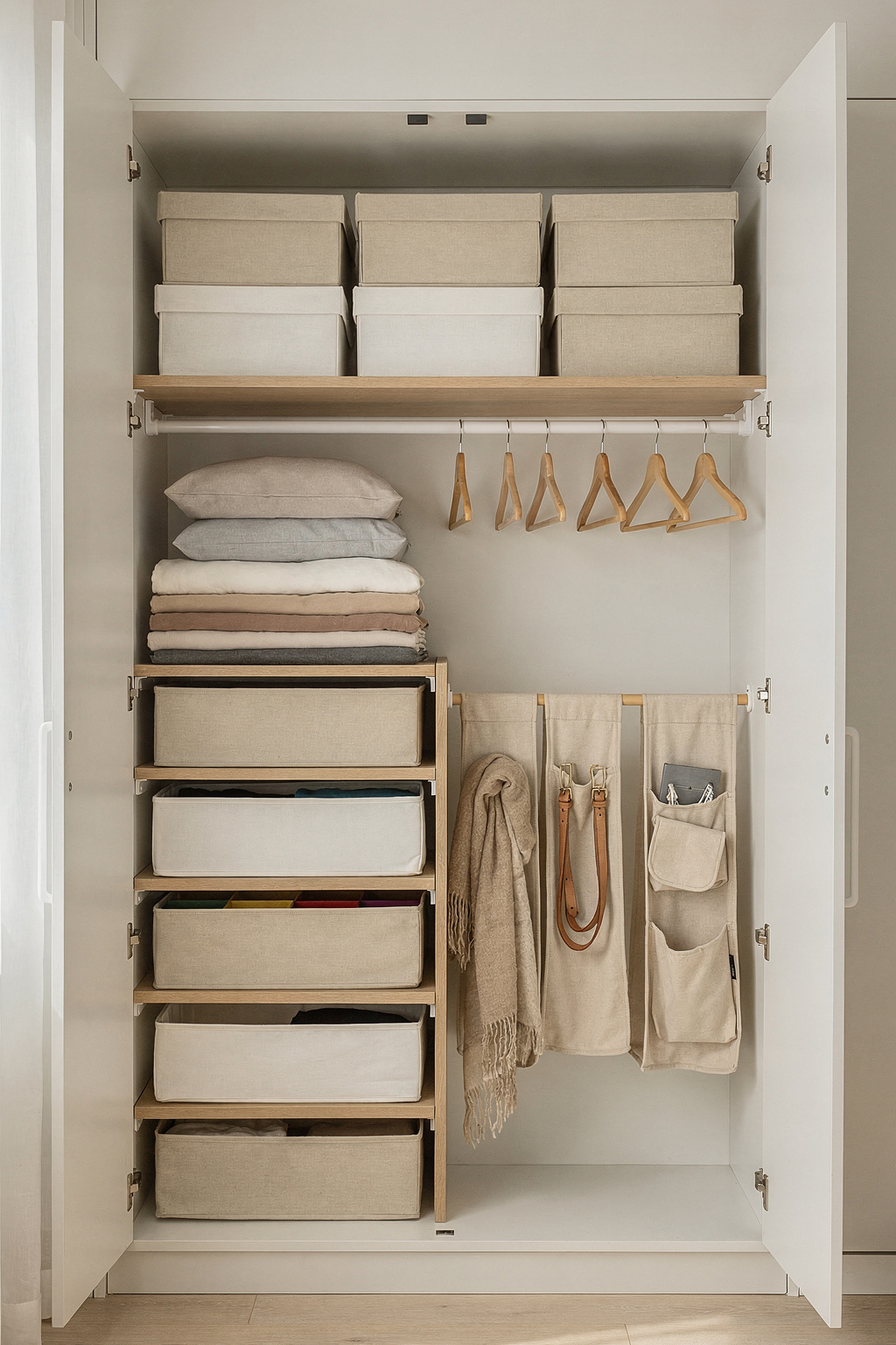 Ordentlich sortierter Kleiderschrank mit Faltboxen und Trennern als Schrank Organizer Beispiel.